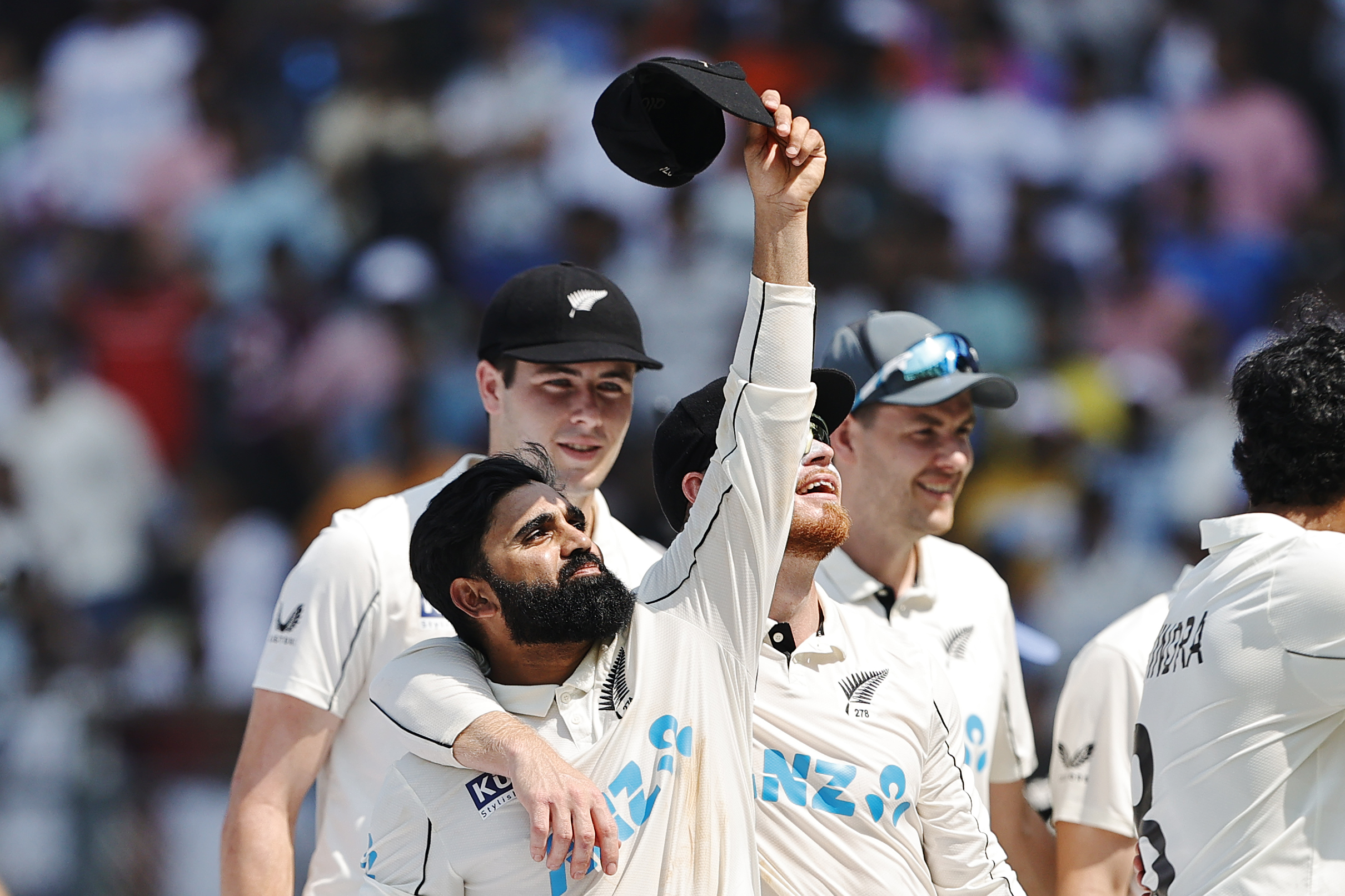 Ajaz Patel celebrates bowling his side to victory. Photo / Photosport