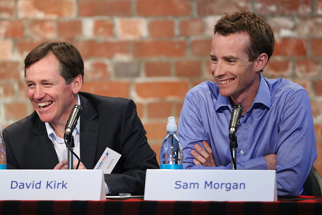 David Kirk, as Trade Me chairman, and founder Sam Morgan at the company's annual meeting in 2012. Photo / Getty Images
