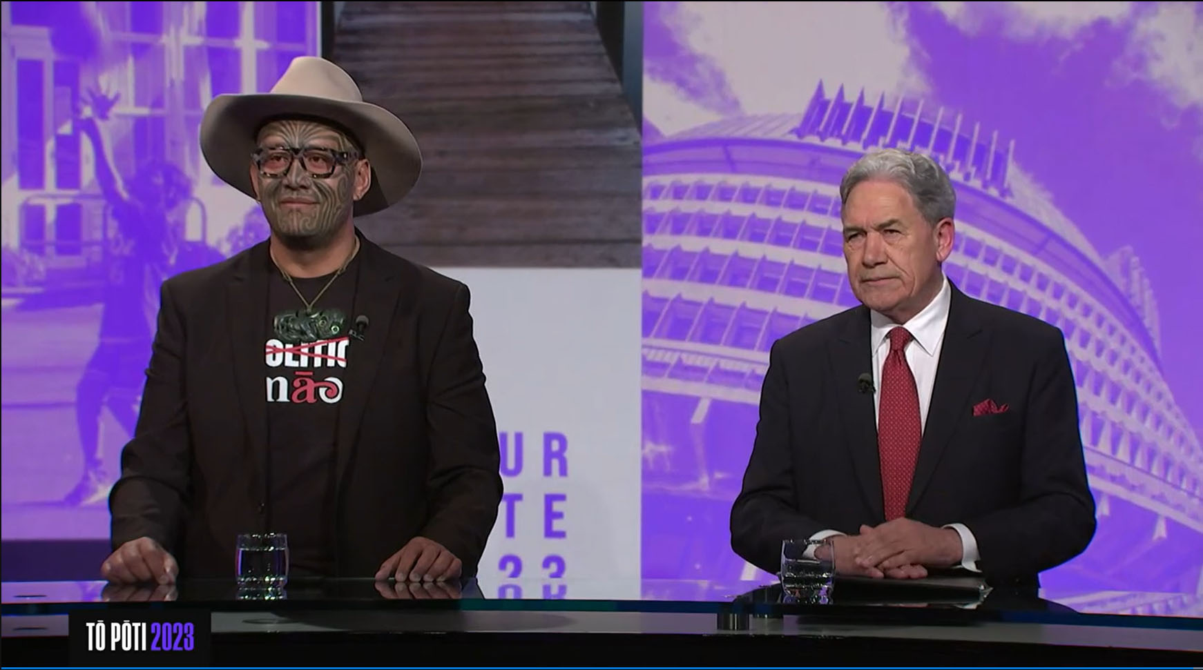 Te Pāti Māori co-leader Rawiri Waititi (left) and New Zealand First leader Winston Peters during the 1News Multi-Party Debate. Photo / TVNZ