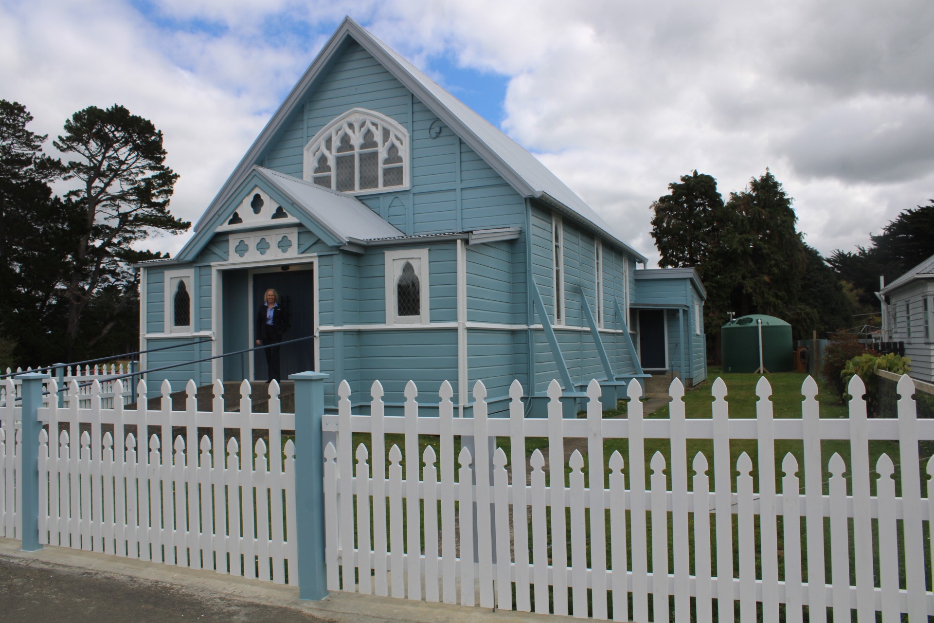Norsewood’s former St David’s Presbyterian Church with its new NZ Heritage powder blue paint job.