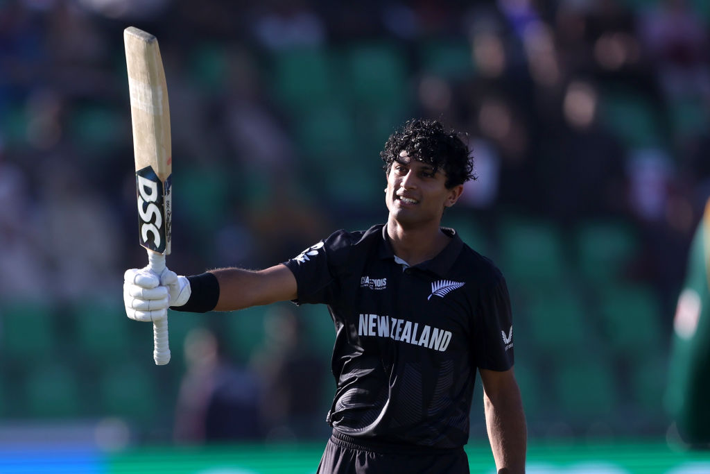 Rachin Ravindra celebrates his century against South Africa. Photo / Getty Images