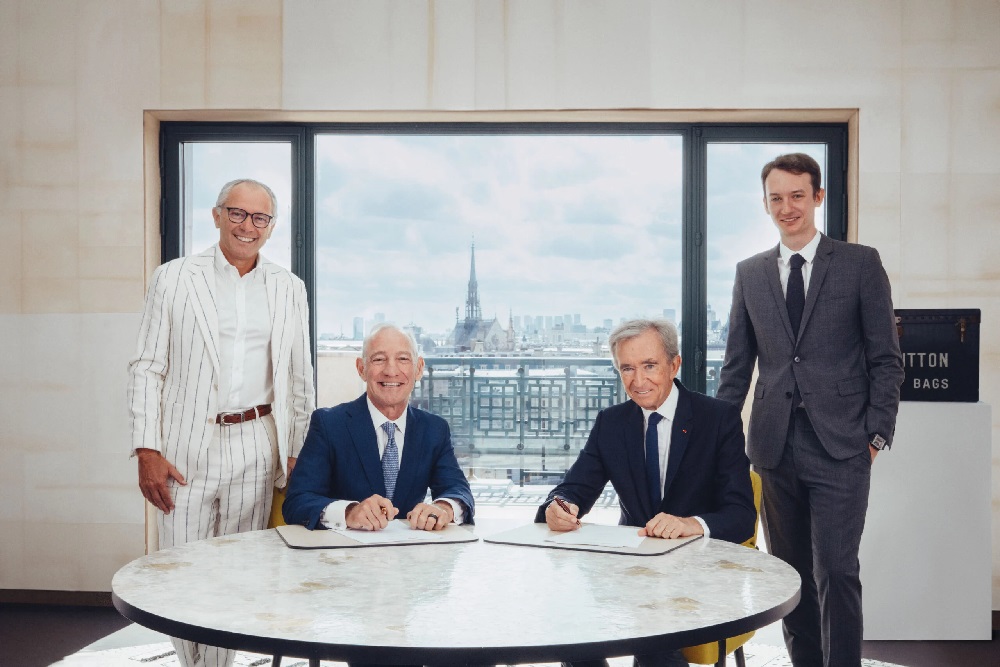 Left to right: Stefano Domenicali, president and CEO, Formula 1; Greg Maffei, President and CEO, Liberty Media; Bernard Arnault, chairman and CEO of LVMH Group; and Frédéric Arnault, CEO of LVMH Watches. Photo / Formula One Group