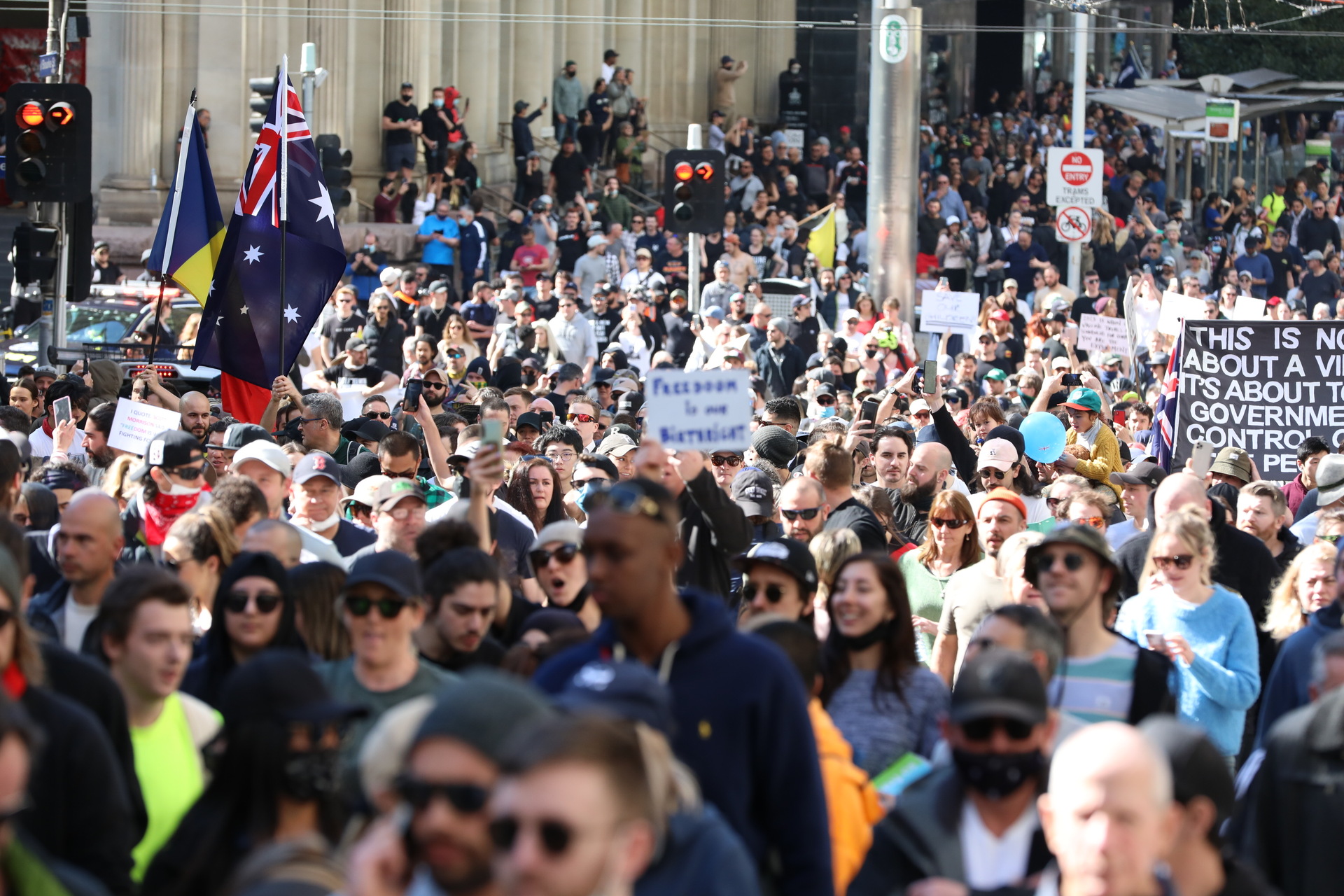 Thousands of people gathering in Melbourne's CBD last month to protest lockdown restrictions. Photo / Getty Images