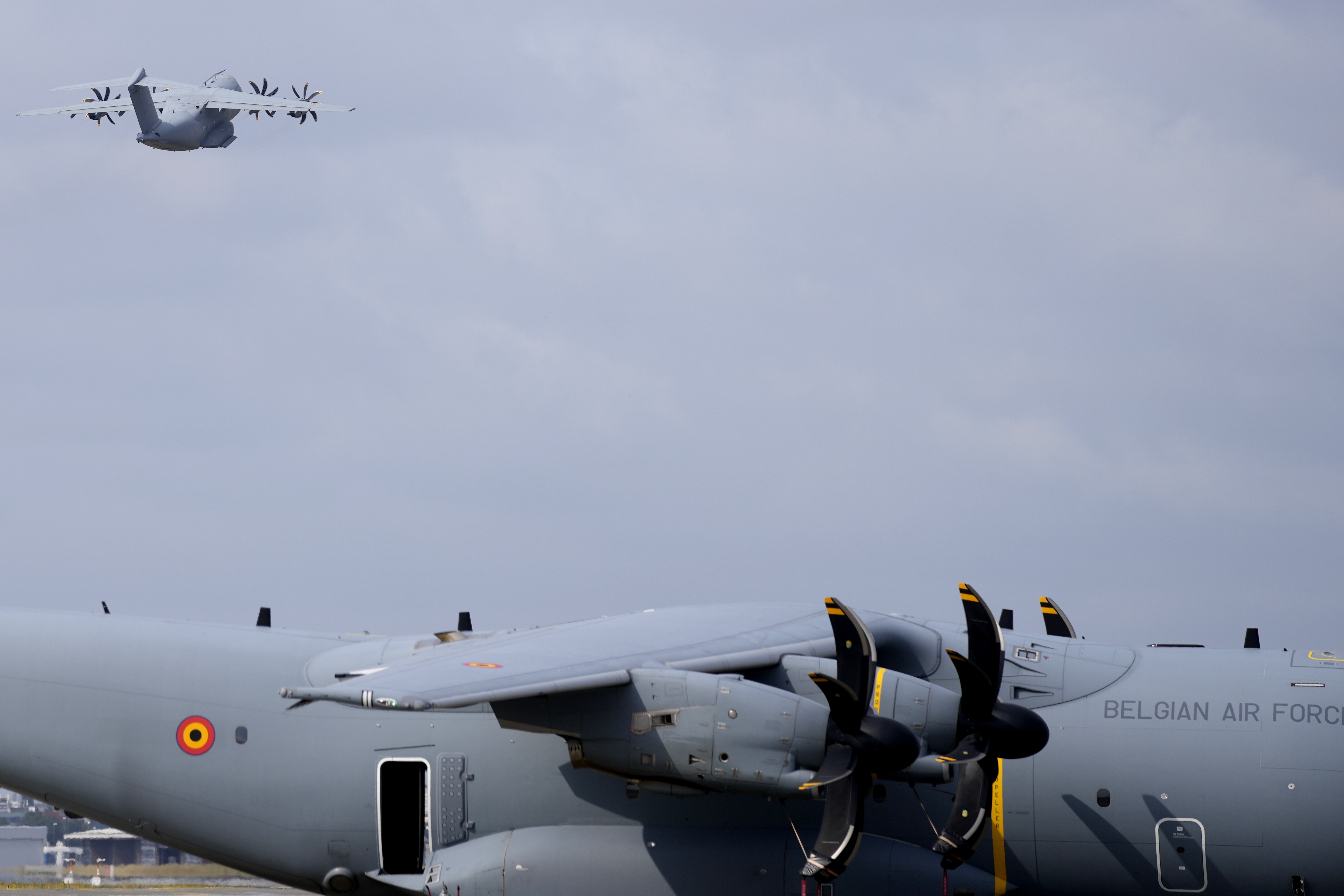 A military transport plane takes off carrying soldiers from Belgium and Luxembourg at Melsbroek Military Airport in Melsbroek, Belgium. Photo / AP