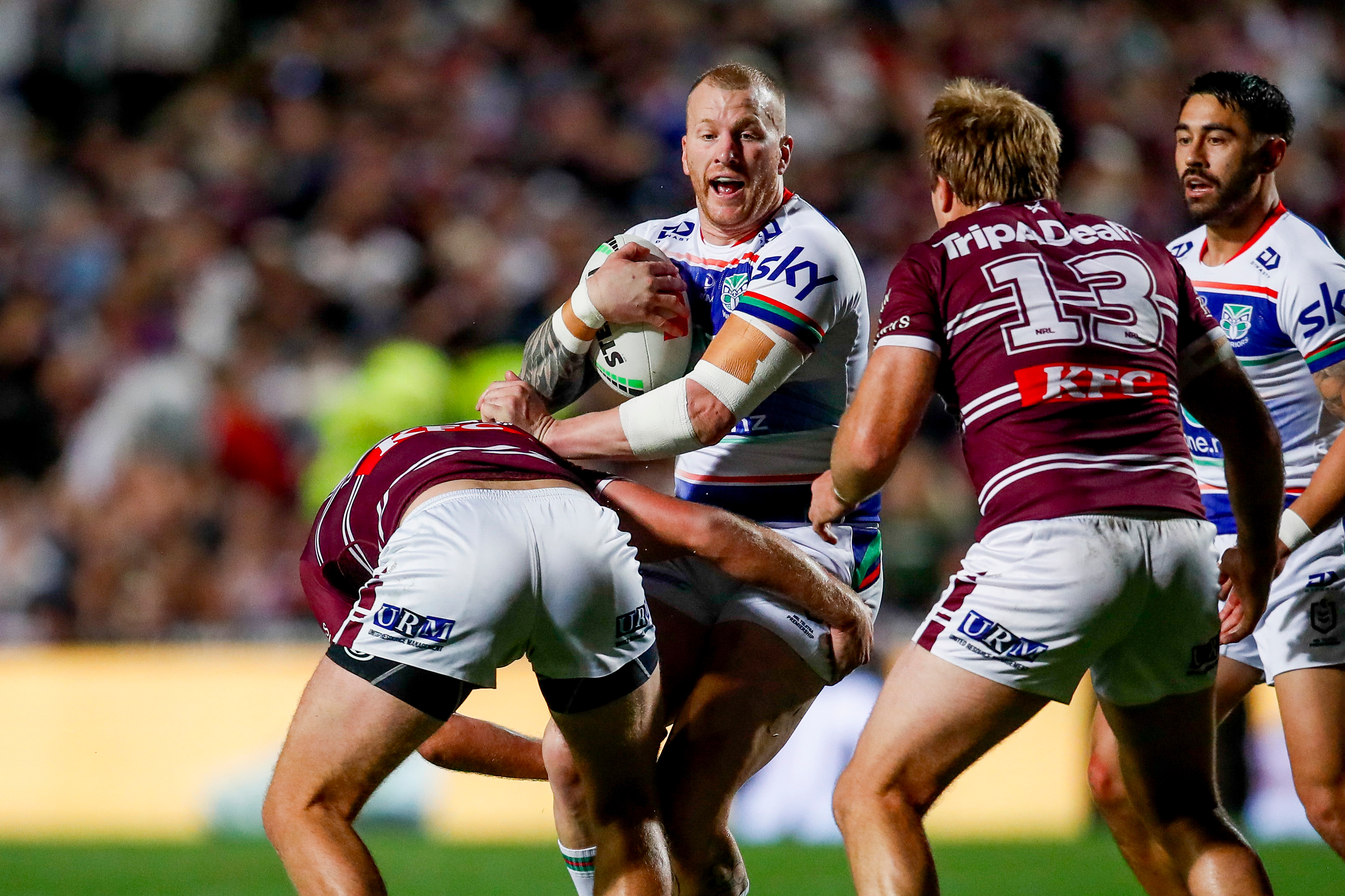 Mitchell Barnett in possession during the Warriors' loss to the Manly Warringah Sea Eagles. Photo / Photosport