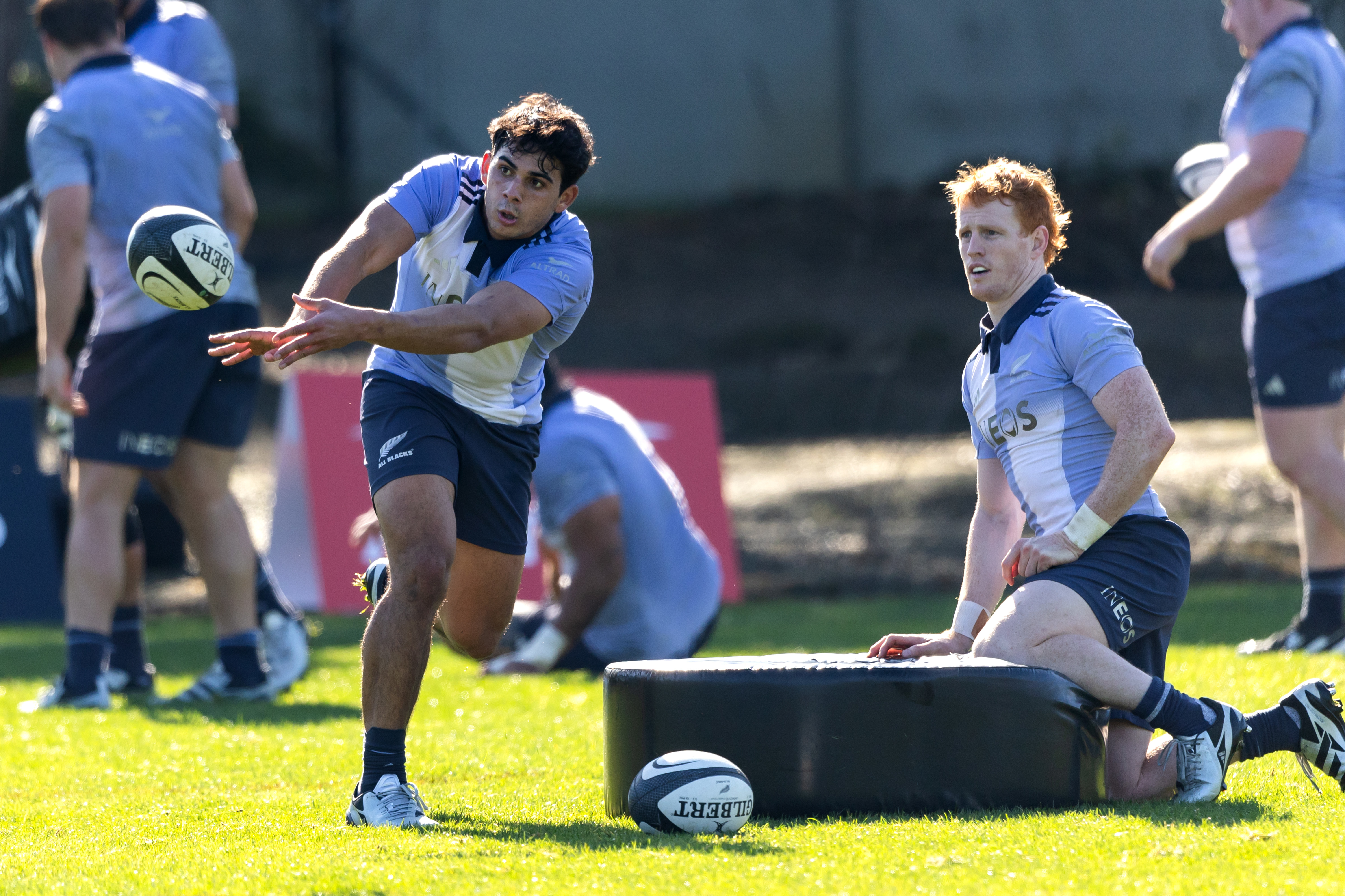 All Blacks halfbacks Noah Hotham and Finlay Christie at All Blacks training on Wednesday. Photo / Photosport