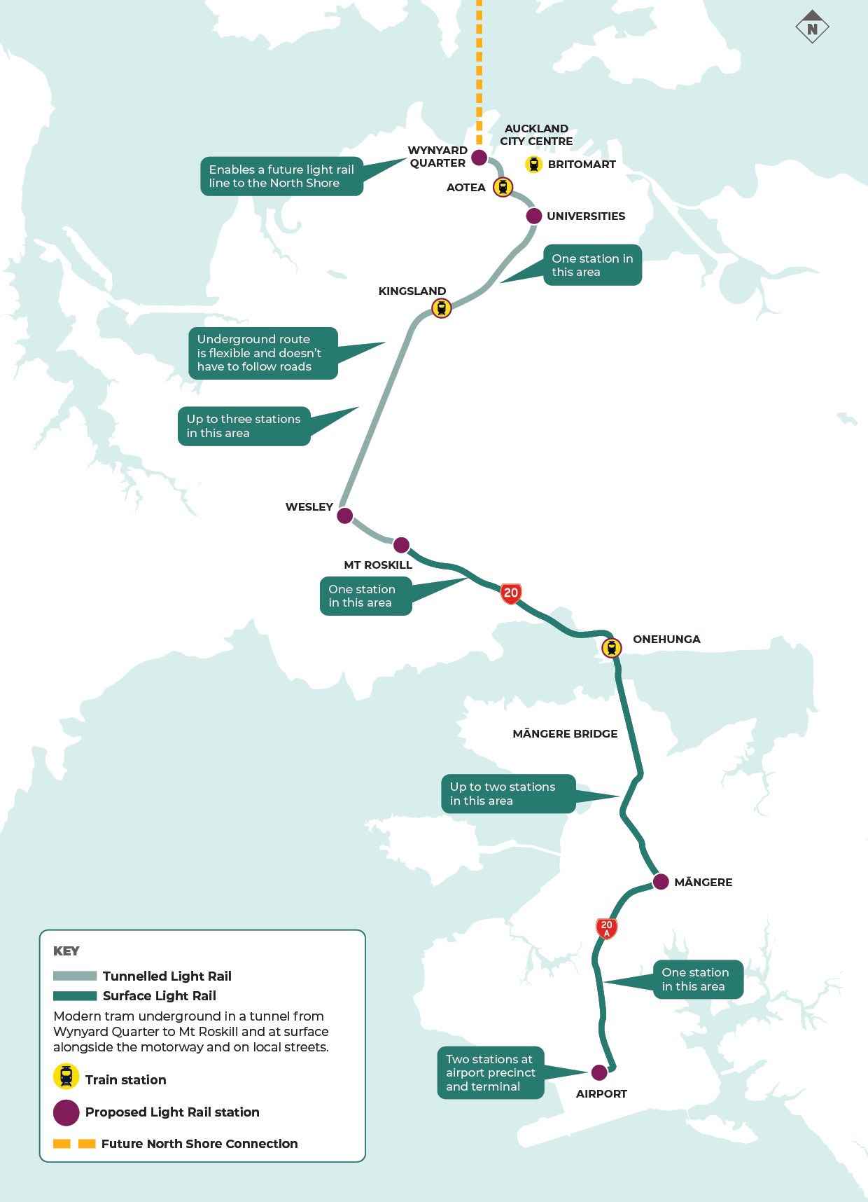 The proposed light rail route from the central city to the airport. Image / Lukas Clark-Memler