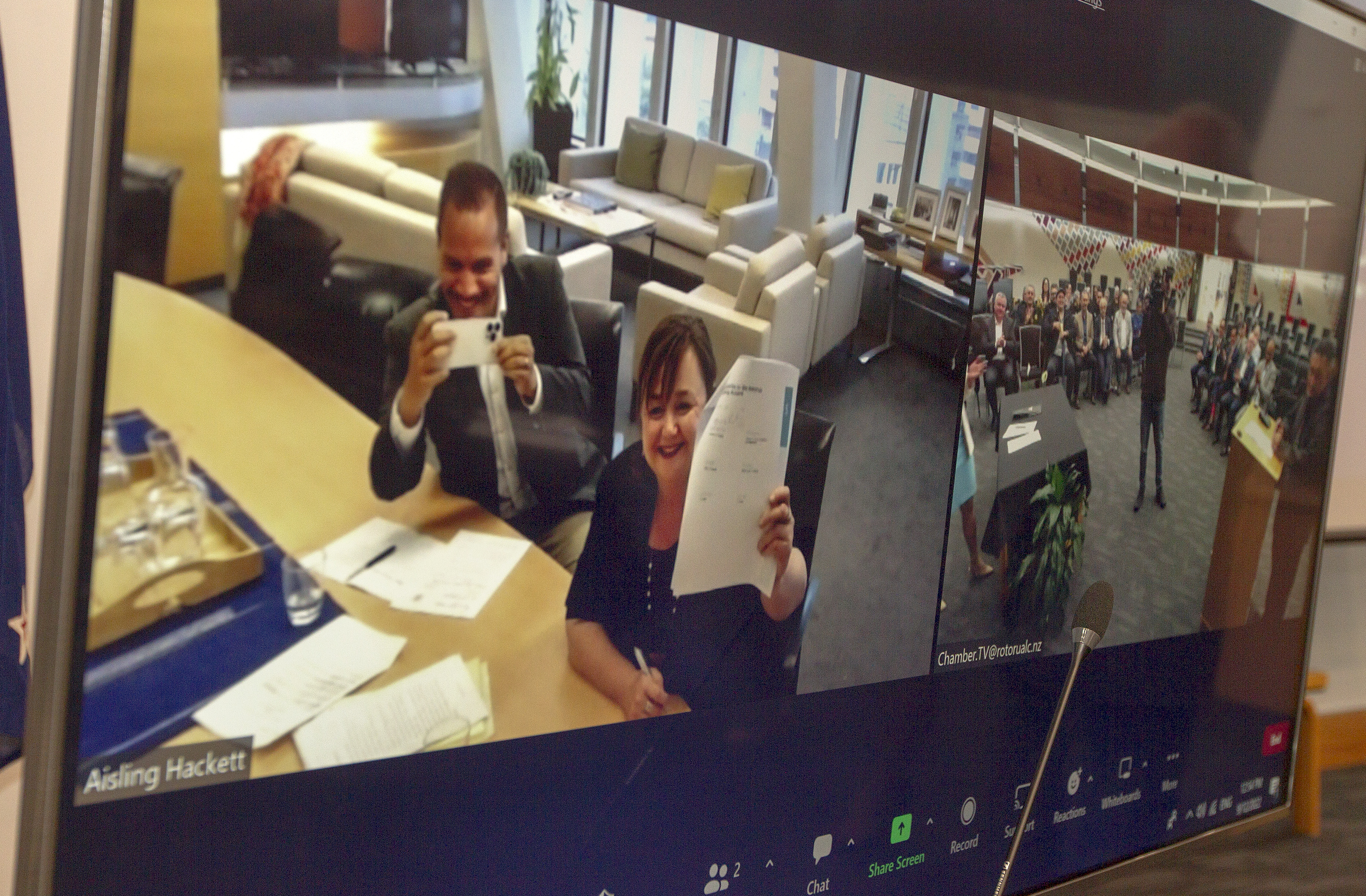 Housing Accord signing at Rotorua Lakes Council. Housing Minister Megan Woods joined the signing remotely because bad weather prevented her plane from landing. Photo / Ben Fraser