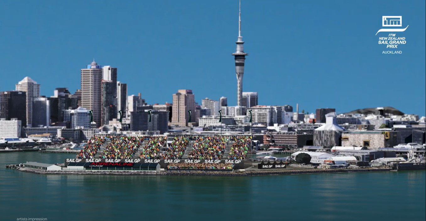 An artist's impression of the spectator set-up for SailGP's debut in Auckland. Image / SailGP
