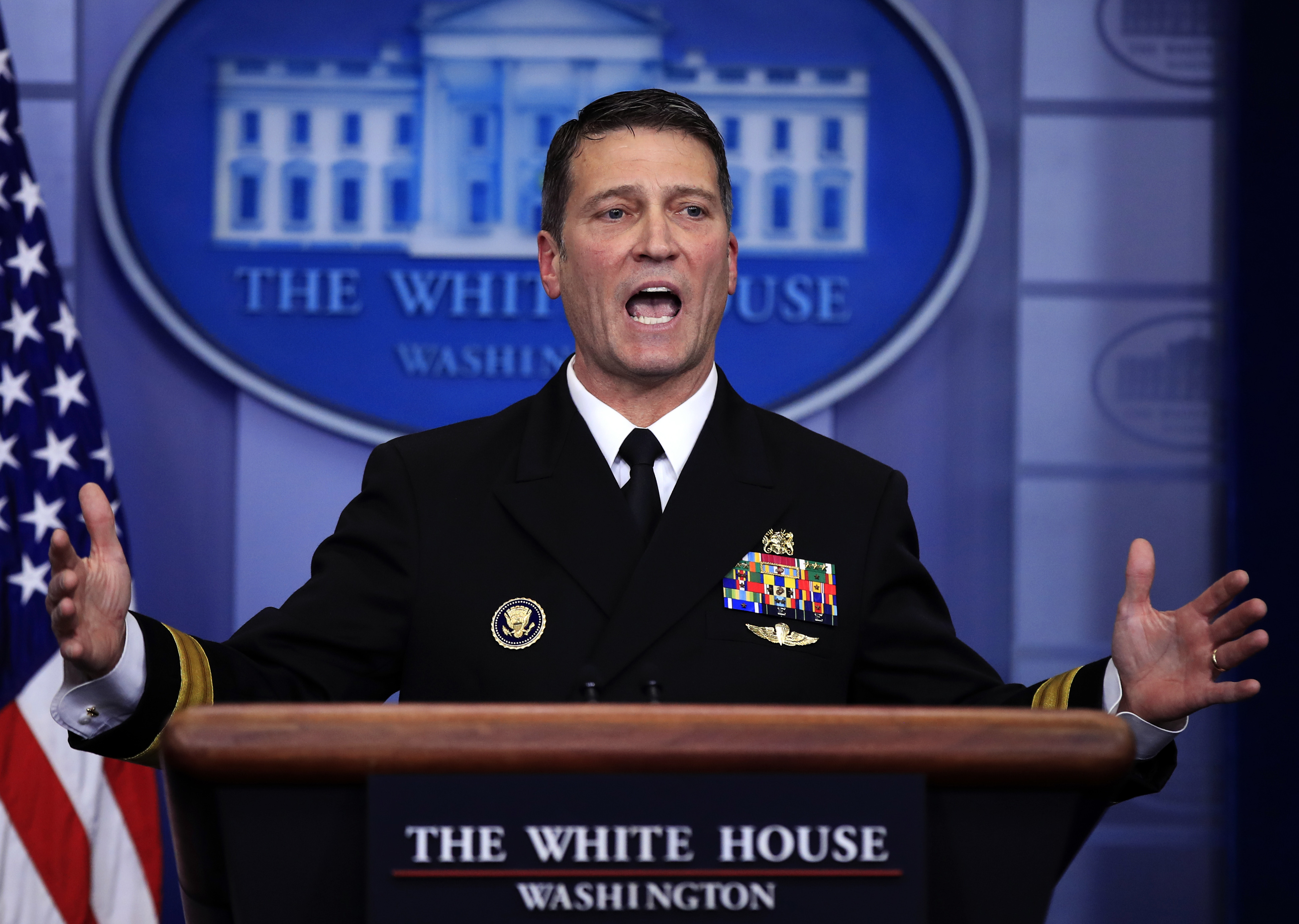 White House physician Dr Ronny Jackson speaks to reporters during the daily press briefing in the Brady press briefing room at the White House, in Washington. Photo / AP