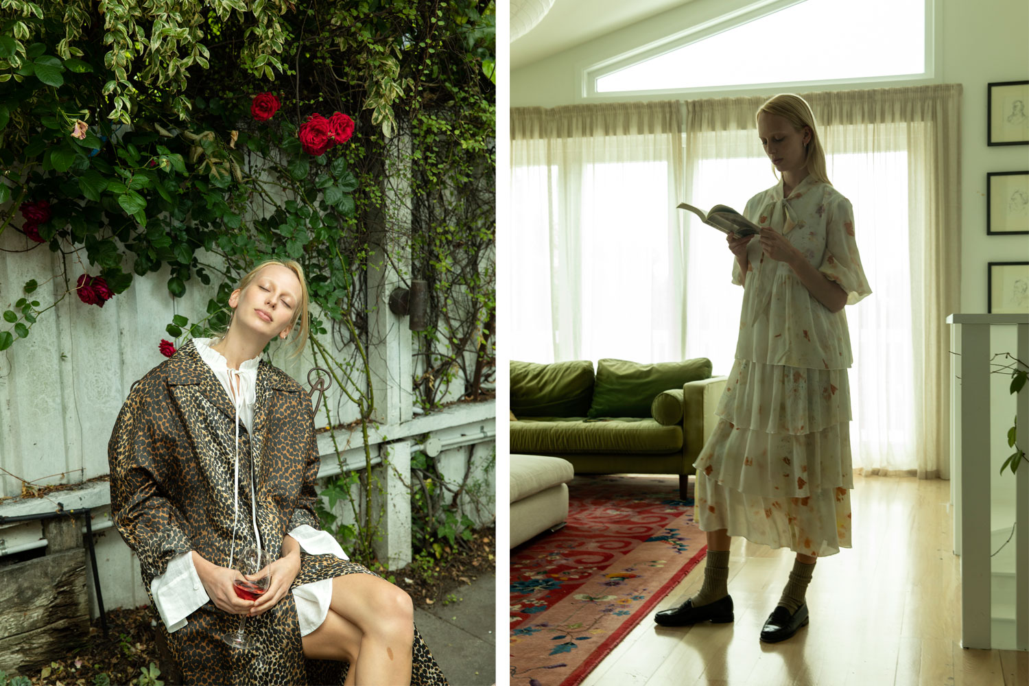 Left: Rose time at Havlock North favourite, Pipi's. Zambesi jacket and Wixii shirt. Right: A hand-dyed dress from EIT fashion student Felicity Potae. Photos / Guy Coombes