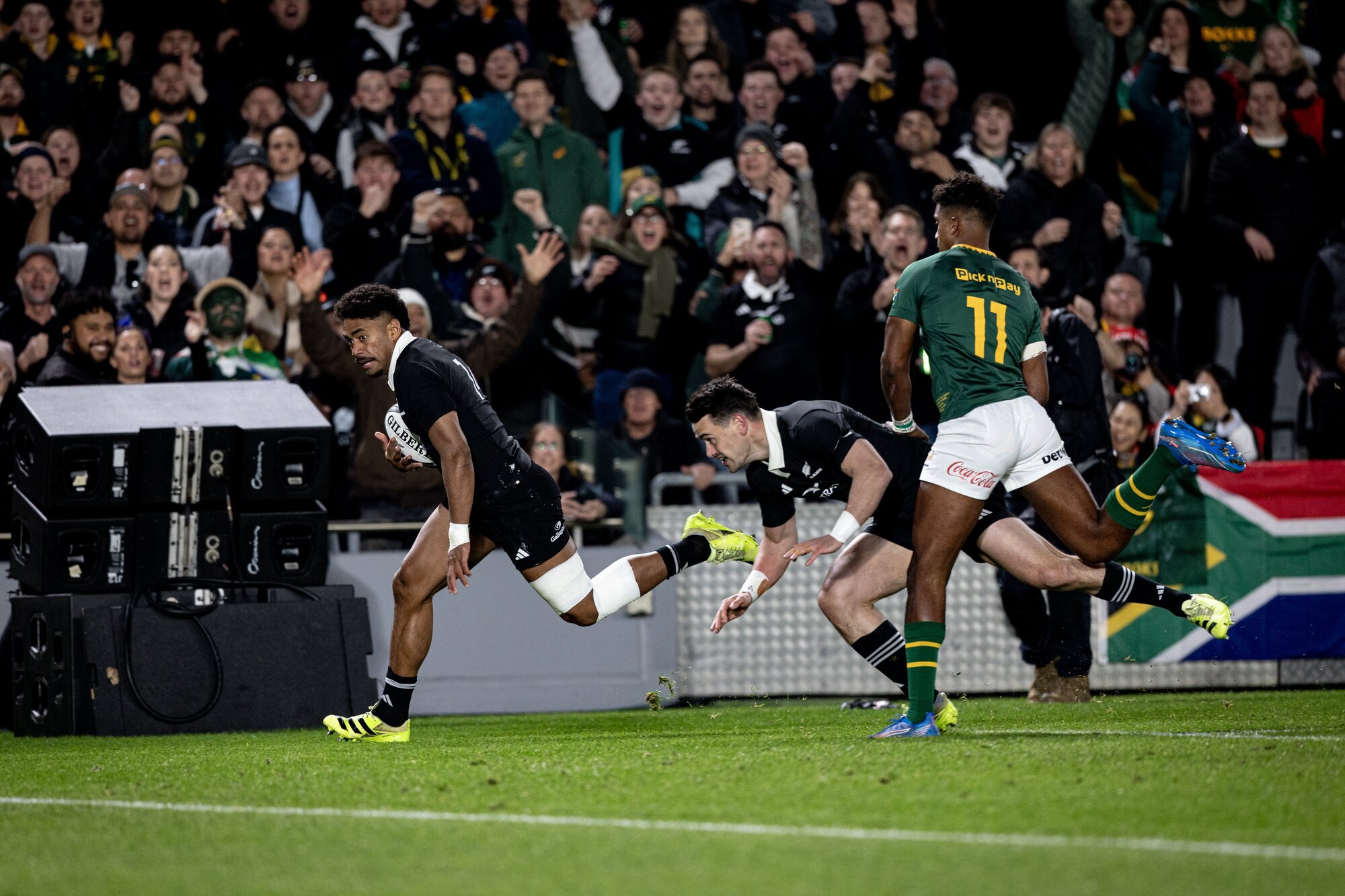All Black Emoni Narawa scores for the All Blacks in the first two minutes of Saturday night's test match against South Africa. Photo / Dean Purcell