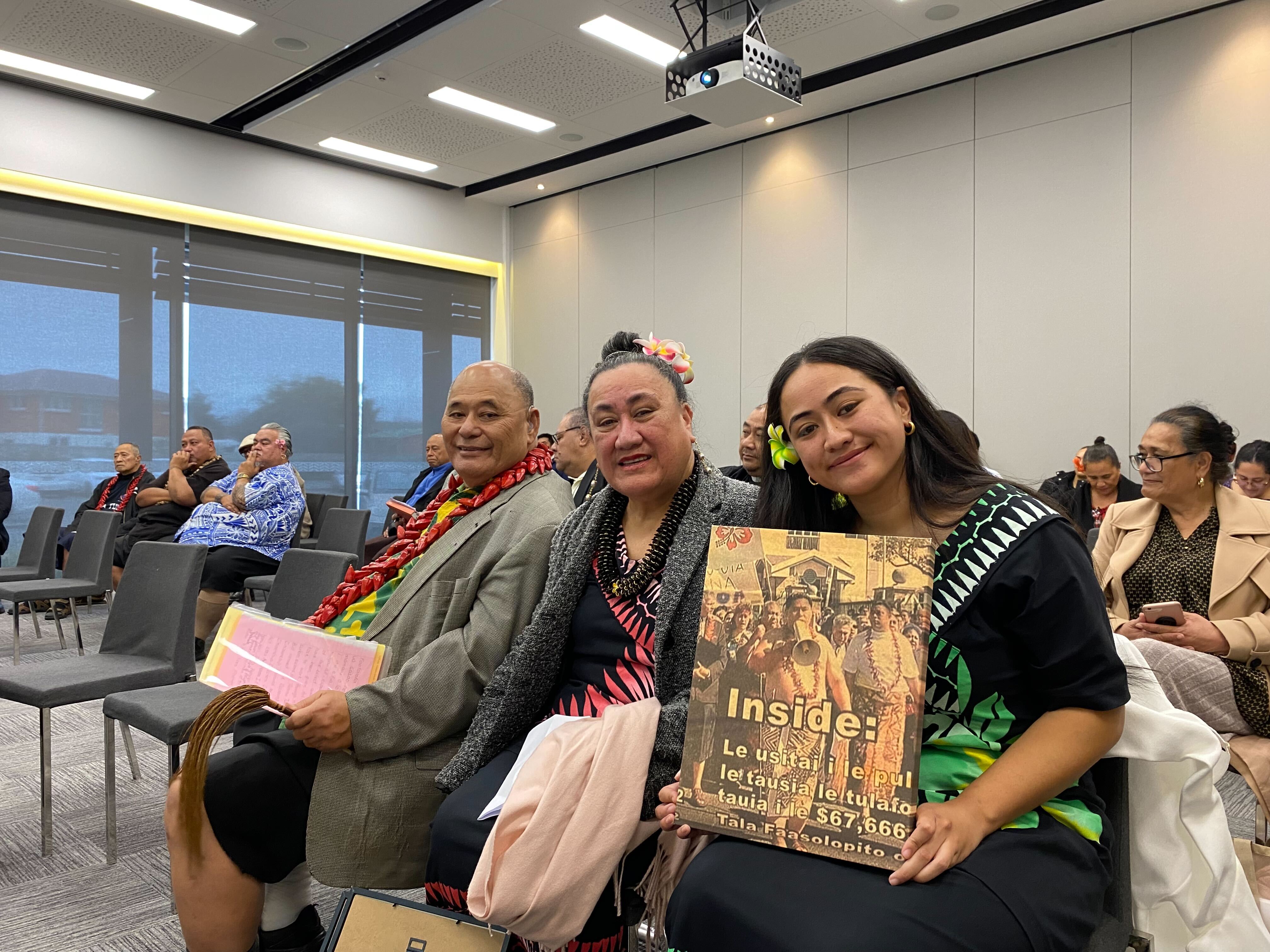Aigagalefili Fepulea'i-Tapua'i, 21, pictured with proud parents Fepulea'i Semi Fepulea'i and Laisene Tapua'i-Fepulea'i at a public hearing on the Restoring Citizenship Removed by Citizenship Bill this week. Photo / Vaimoana Mase