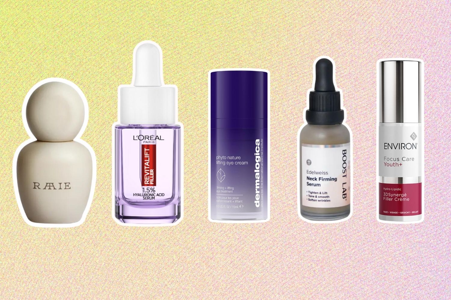 From left: Raaie Yellow Moonbeam Retinal Elixir; L’Oreal Paris Revitalift Filler Plumping Serum; Dermalogica Phyto Nature Lifting Eye Cream; Boost Lab Edelweiss Neck Firming Serum; Environ 3DSynerge Filler Creme.