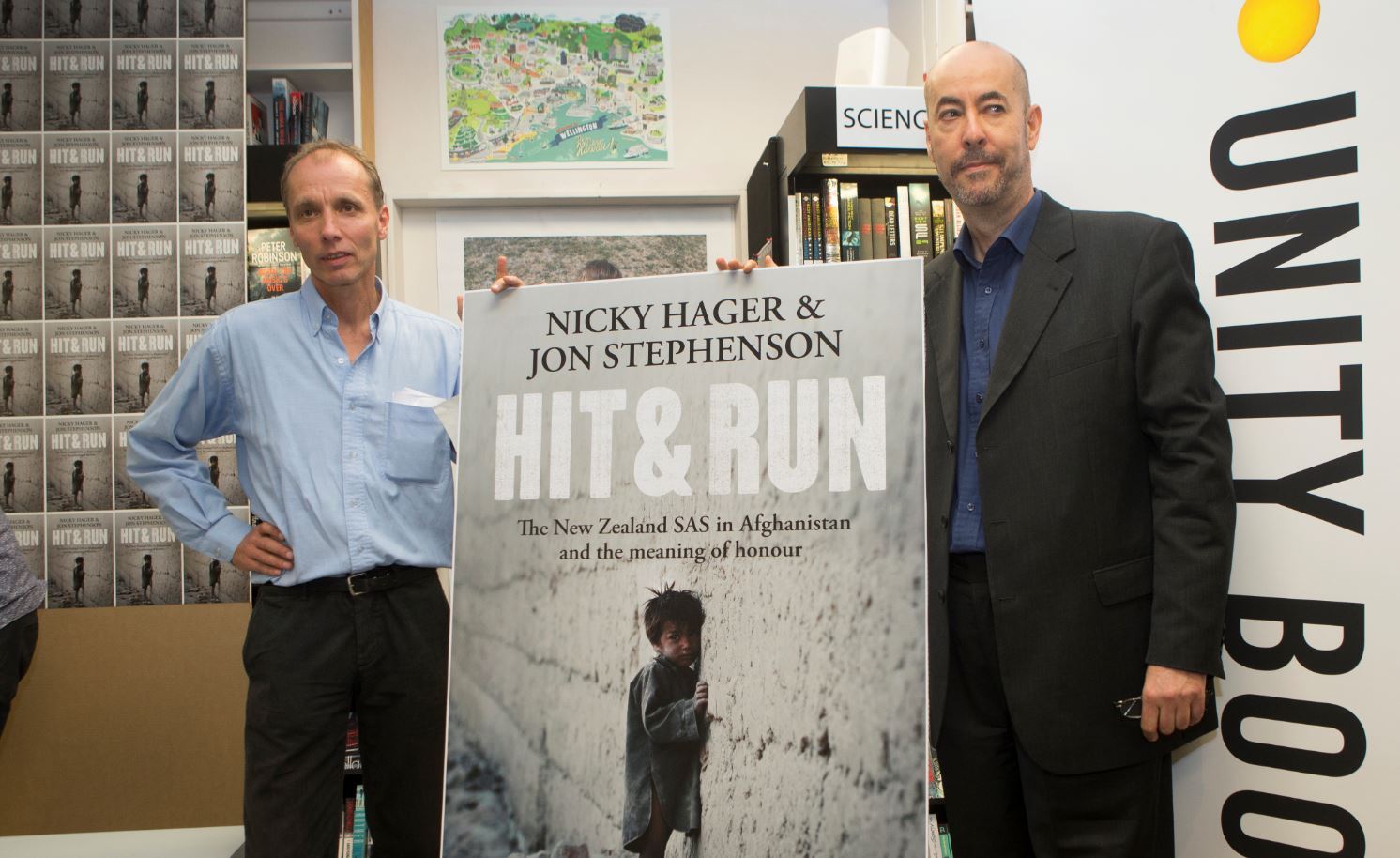 Nicky Hager and Jon Stephenson at the launch of Hit & Run in 2017. Photo / Mark Mitchell