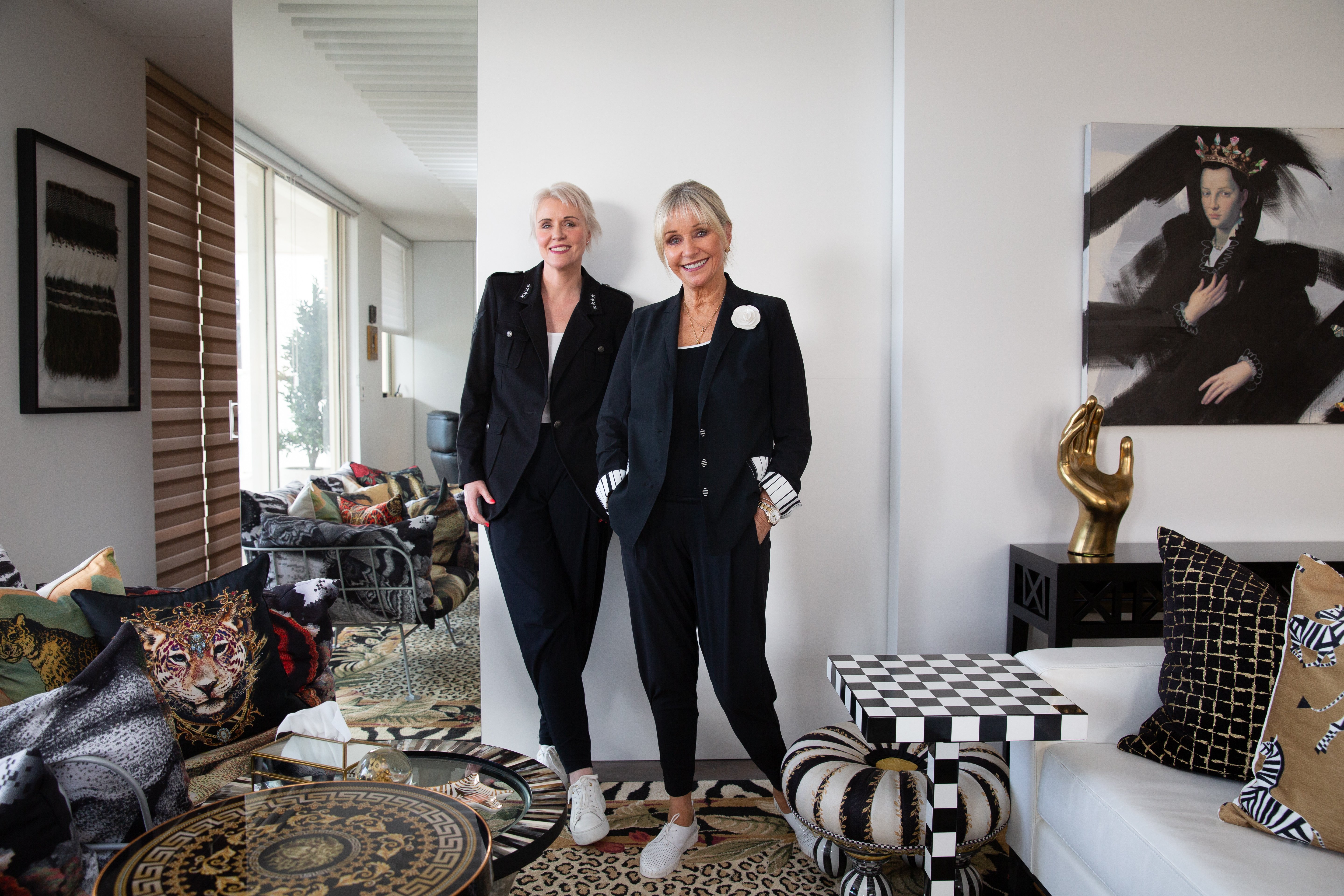 Bridget Hope and her mother Paula wearing their ankle pleat Basque 'plane' pants.  Photo / Sylvie Whinray