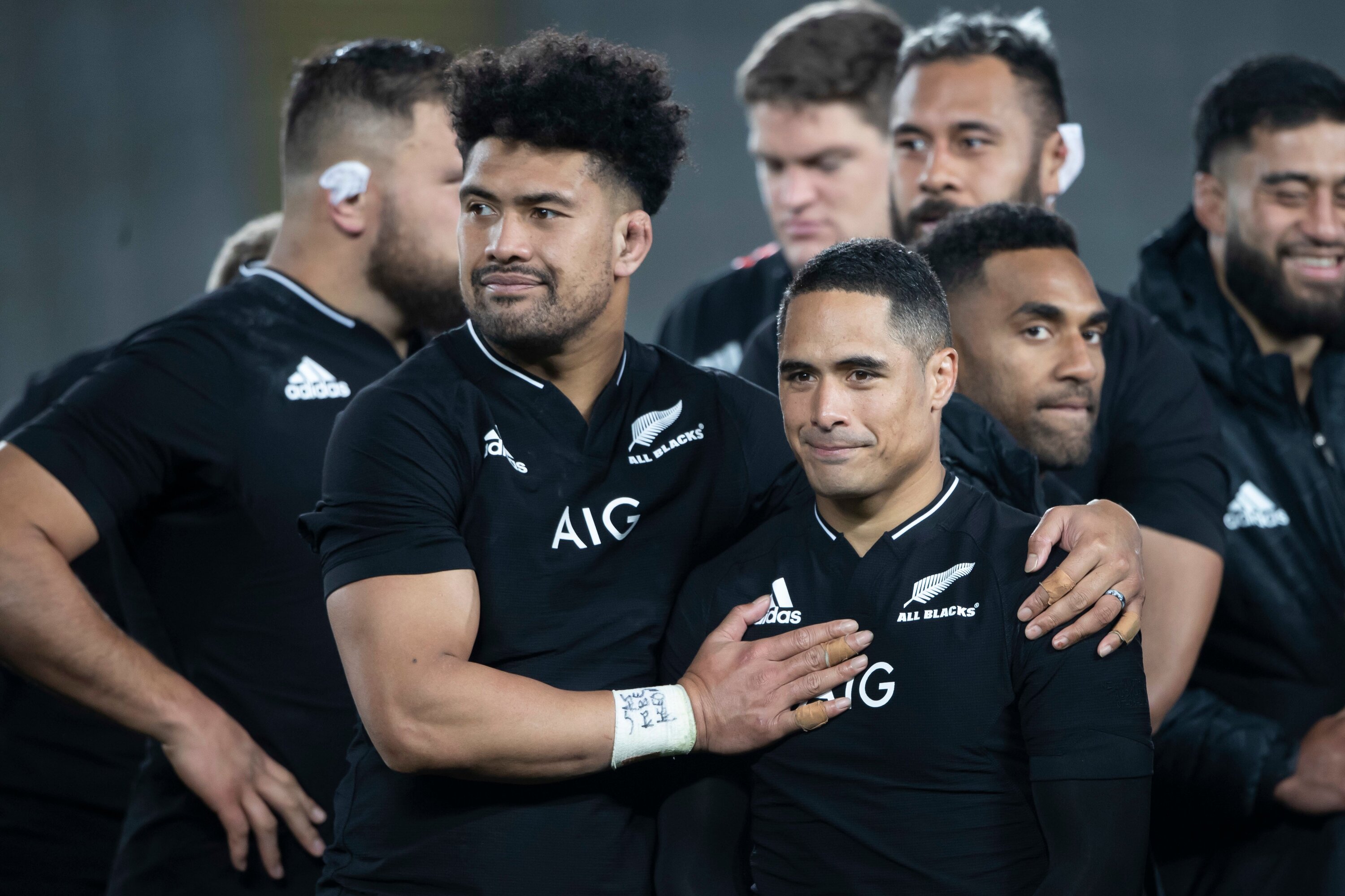All Blacks loose forward Ardie Savea with Aaron Smith after the great halfback's 100th test, in 2021. Photo / Photosport