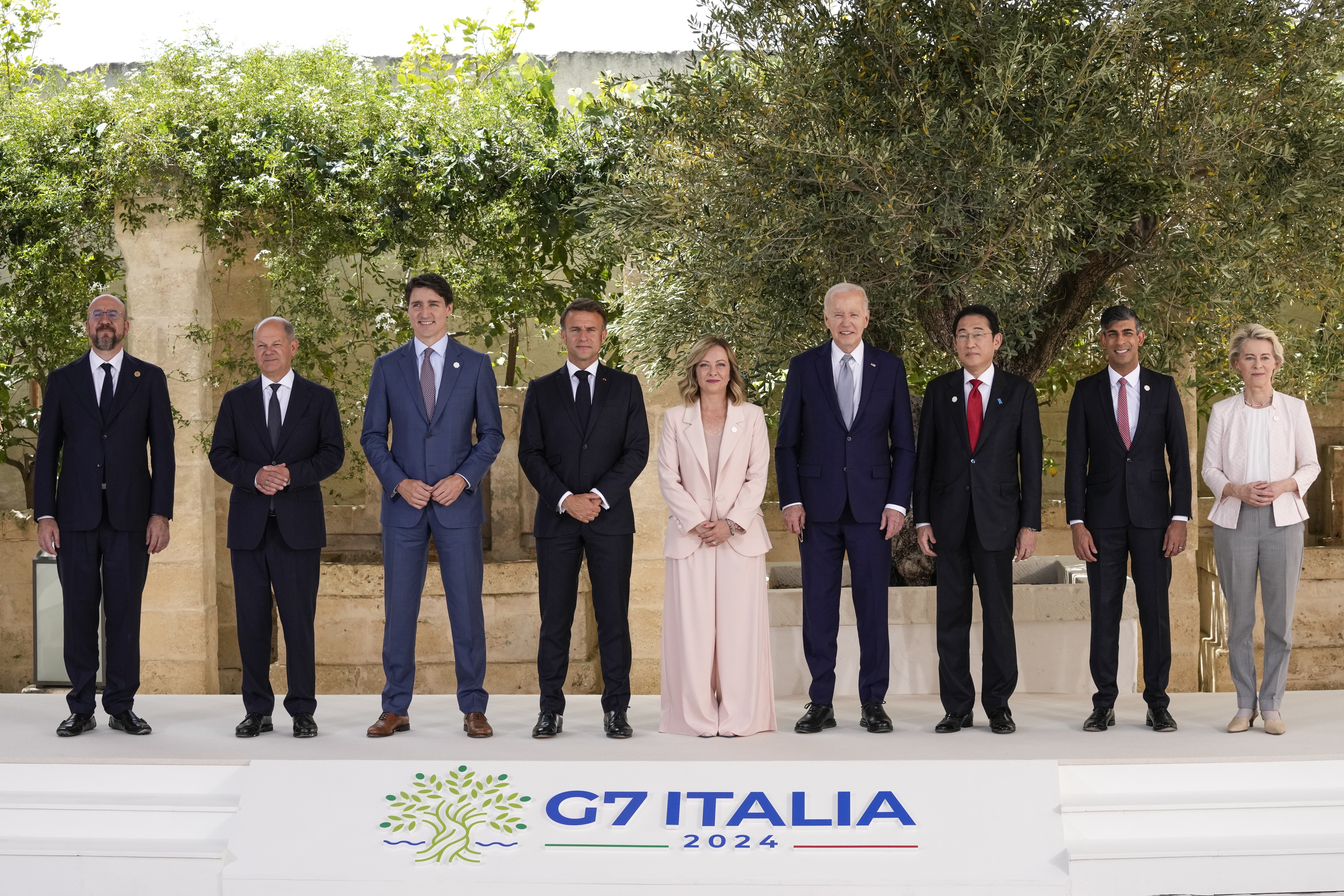 European Council President Charles Michel (left), German Chancellor Olaf Scholz, Canada's Prime Minister Justin Trudeau, French President Emmanuel Macron, Italian Prime Minister Giorgia Meloni, US President Joe Biden, Japan's Prime Minister Fumio Kishida, Britain's Prime Minister Rishi Sunak and European Commission President Ursula von der Leyen at the G7 summit. Photo / AP