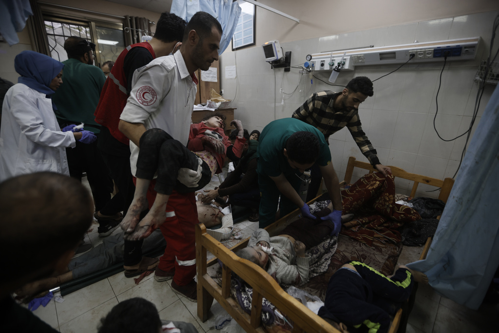 Palestinians wounded in the Israeli bombardment of the Gaza Strip arrive at a hospital in Khan Younis. Photo / AP