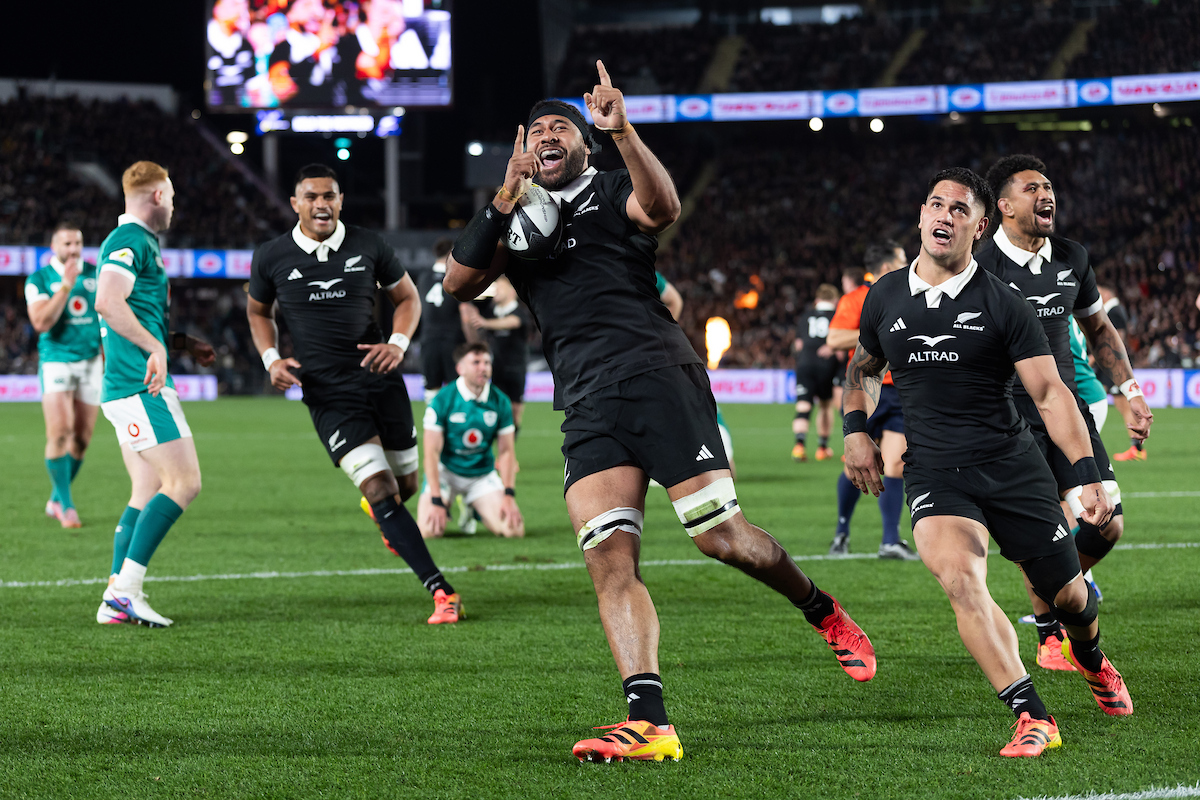 Patrick Tuipulotu celebrates scoring against Ireland. Photo / Photosport