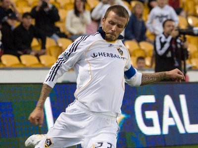 David Beckham in action for LA Galaxy at Auckland's Mt Smart Stadium. Photo / James Madelin
