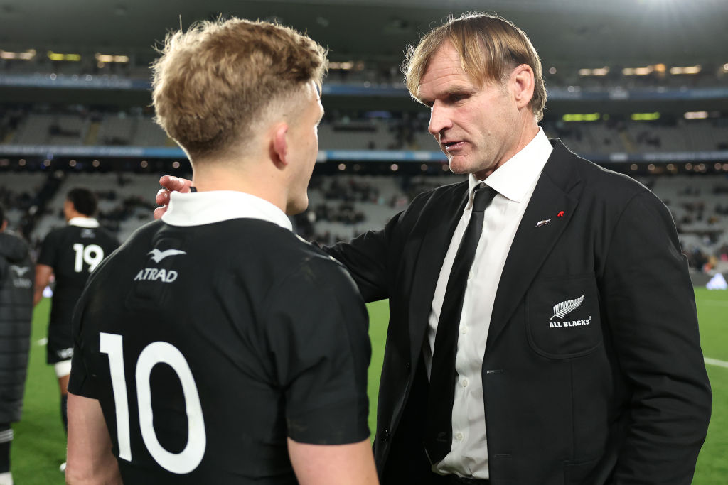 Damian McKenzie and Scott Robertson. Photo / Getty Images