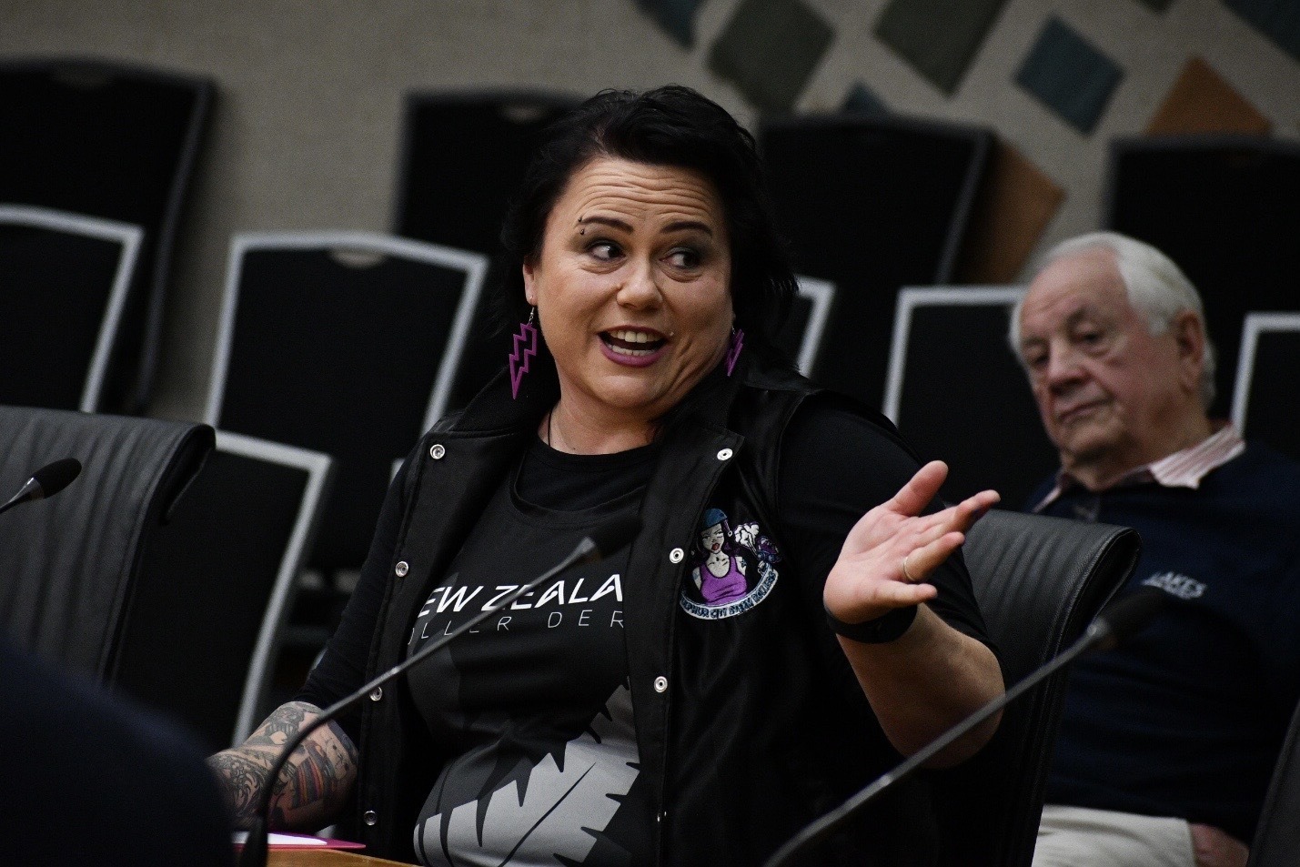 Sulphur City Steam Rollers co-founder Layla Robinson addresses the council on Tuesday. Photo / Laura Smith