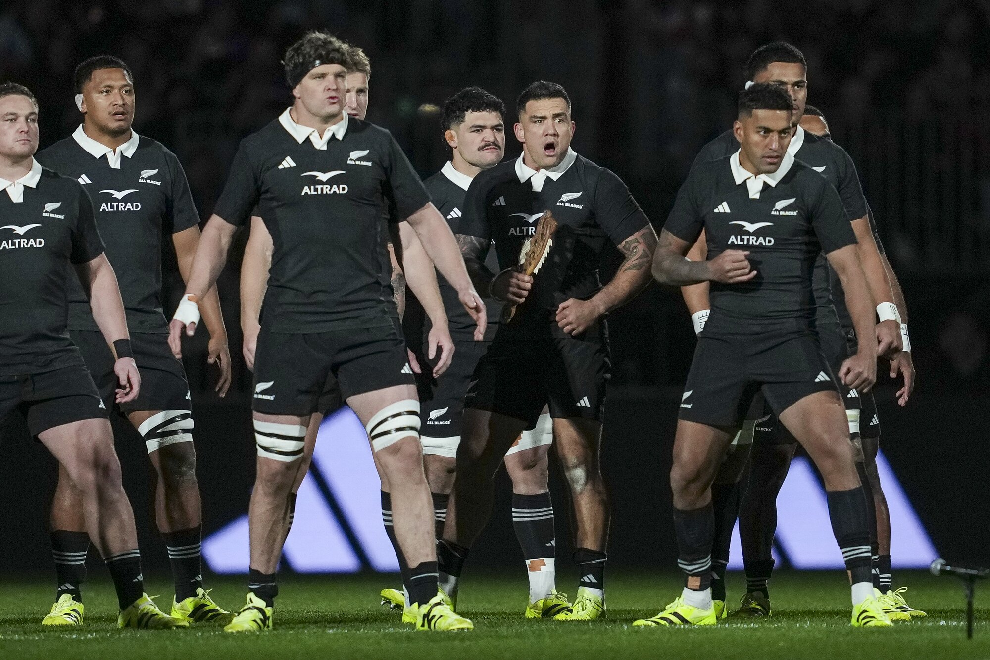 The All Blacks, with Altrad branding on their jersey, line up to perform the haka. Photo / SmartFrame