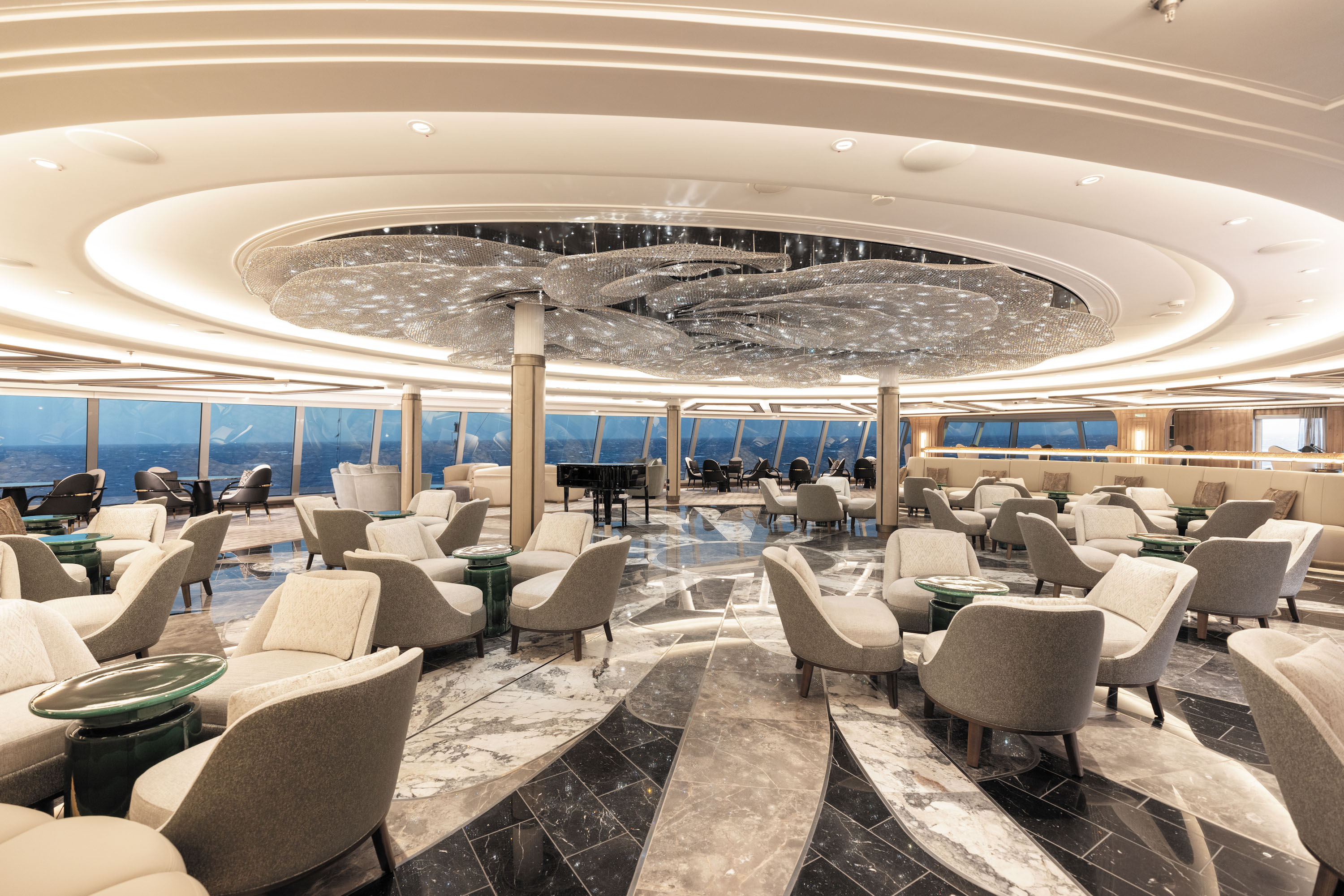 The opulent Observation Lounge with its crystal chandelier in the shape of a gardenia.