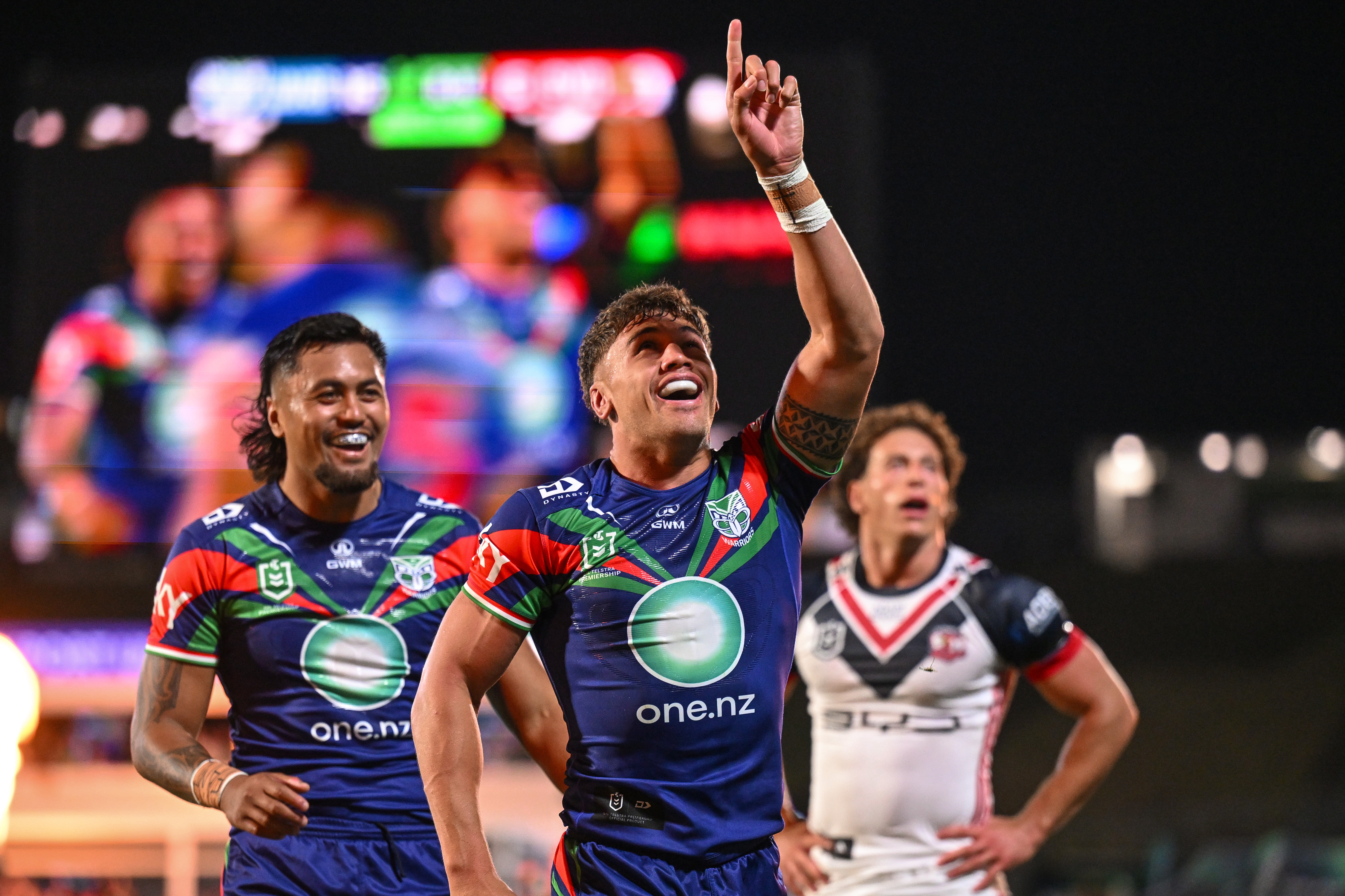 Chanel Harris-Tavita celebrates his try against the Sydney Roosters. Photo / Photosport