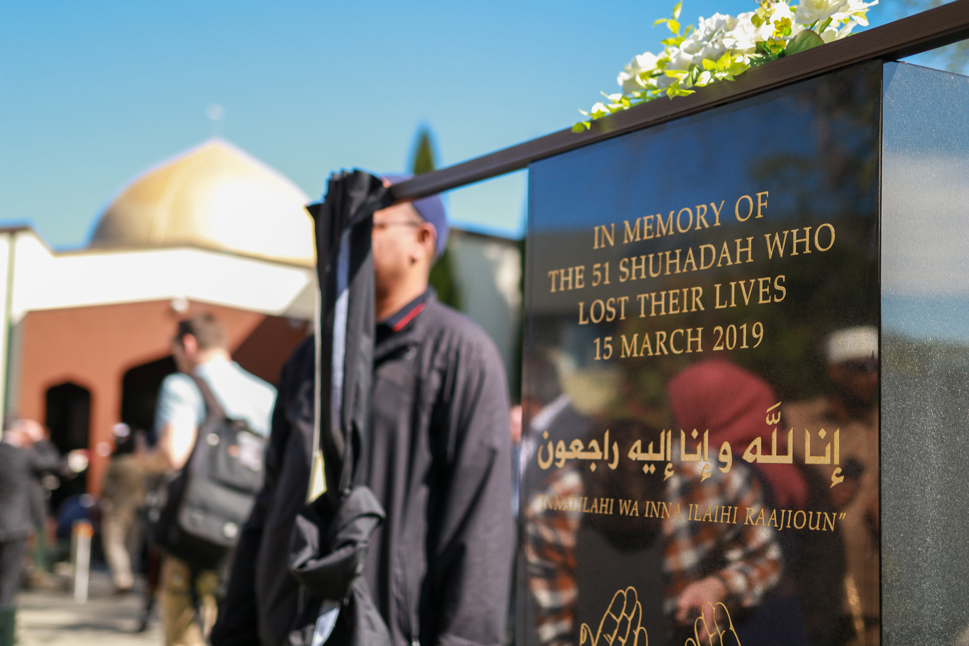 A plaque at the Al-Noor Mosque to commemorate the 51 people who lost their lives in the terror attack. Photo / Logan Church 