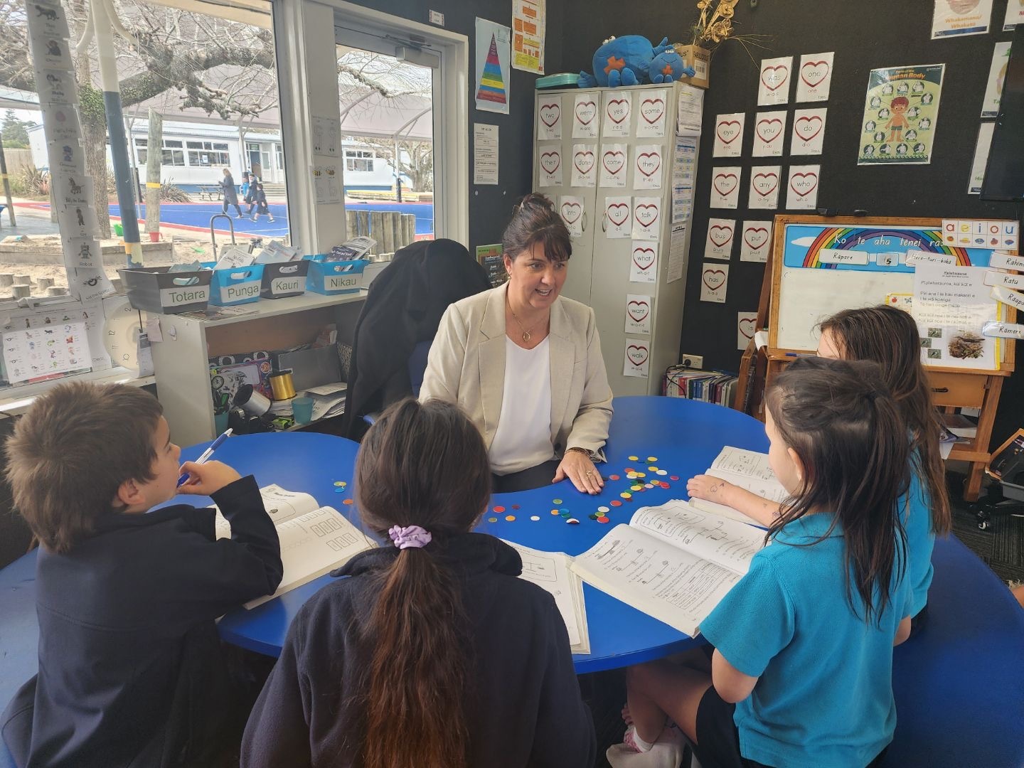Dr Sarah Brown, principal of Kerikeri primary school, with some of the school's maths enthusiasts.