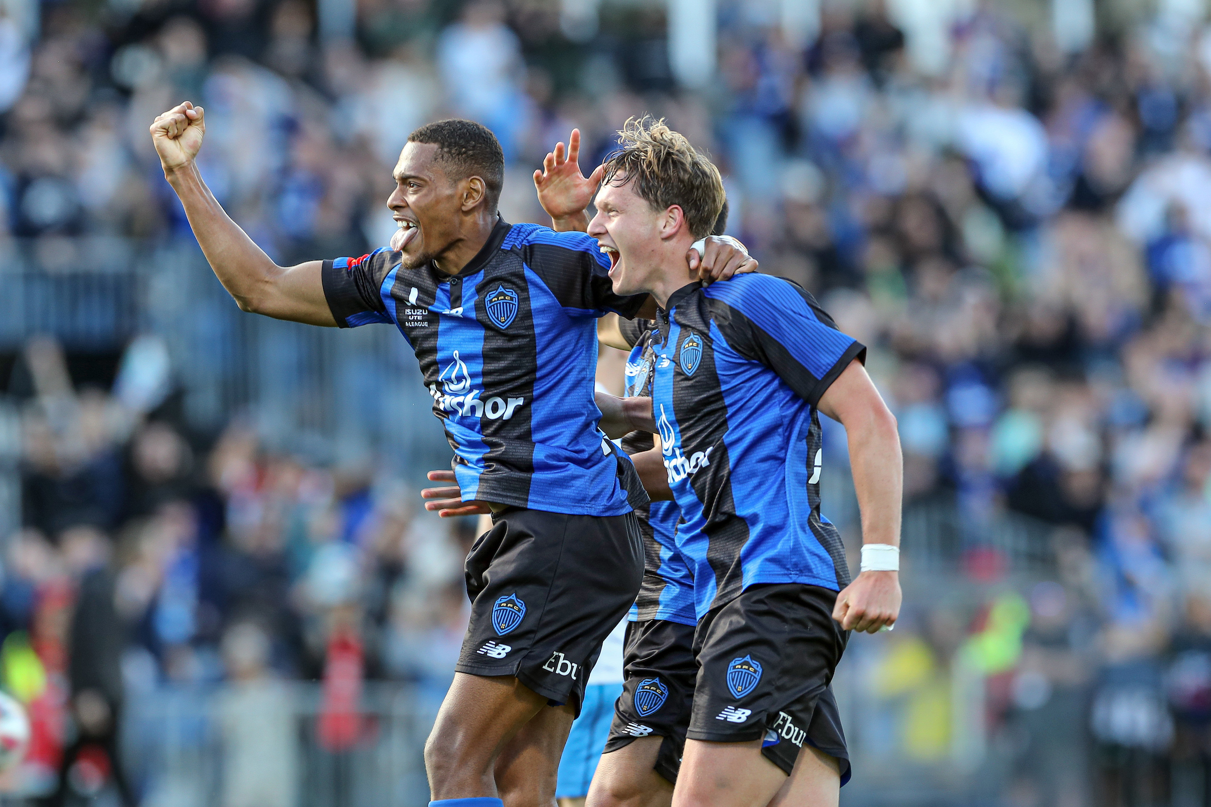 Auckland FC's Nando Pijnaker scores and celebrates the only goal of the match against Sydney FC. Photo / Photosport