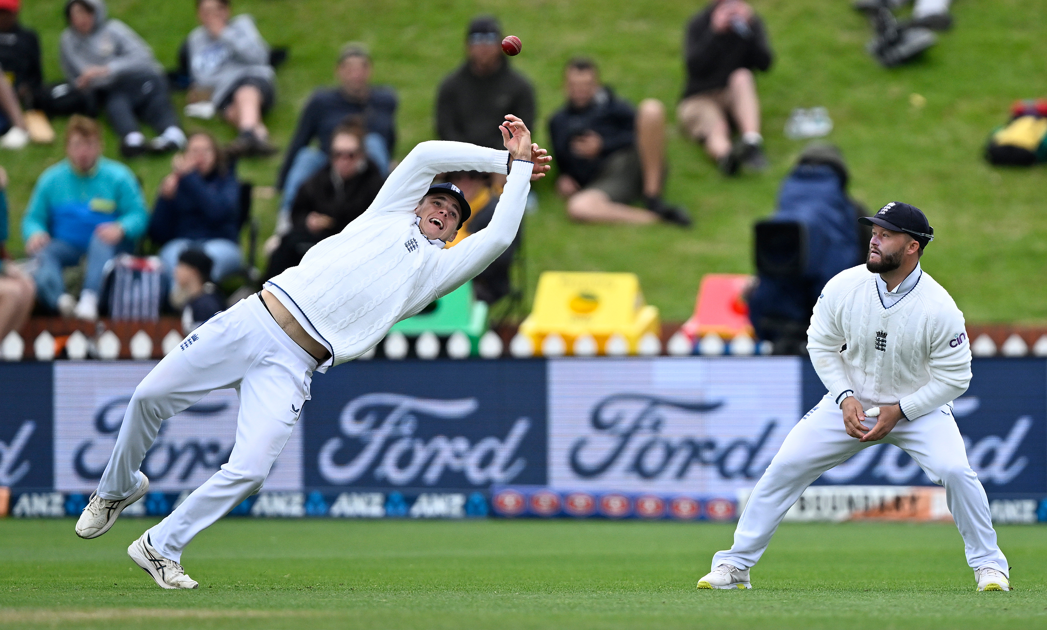 Jacob Bethell can't complete a catch in the slips. Photo / Photosport