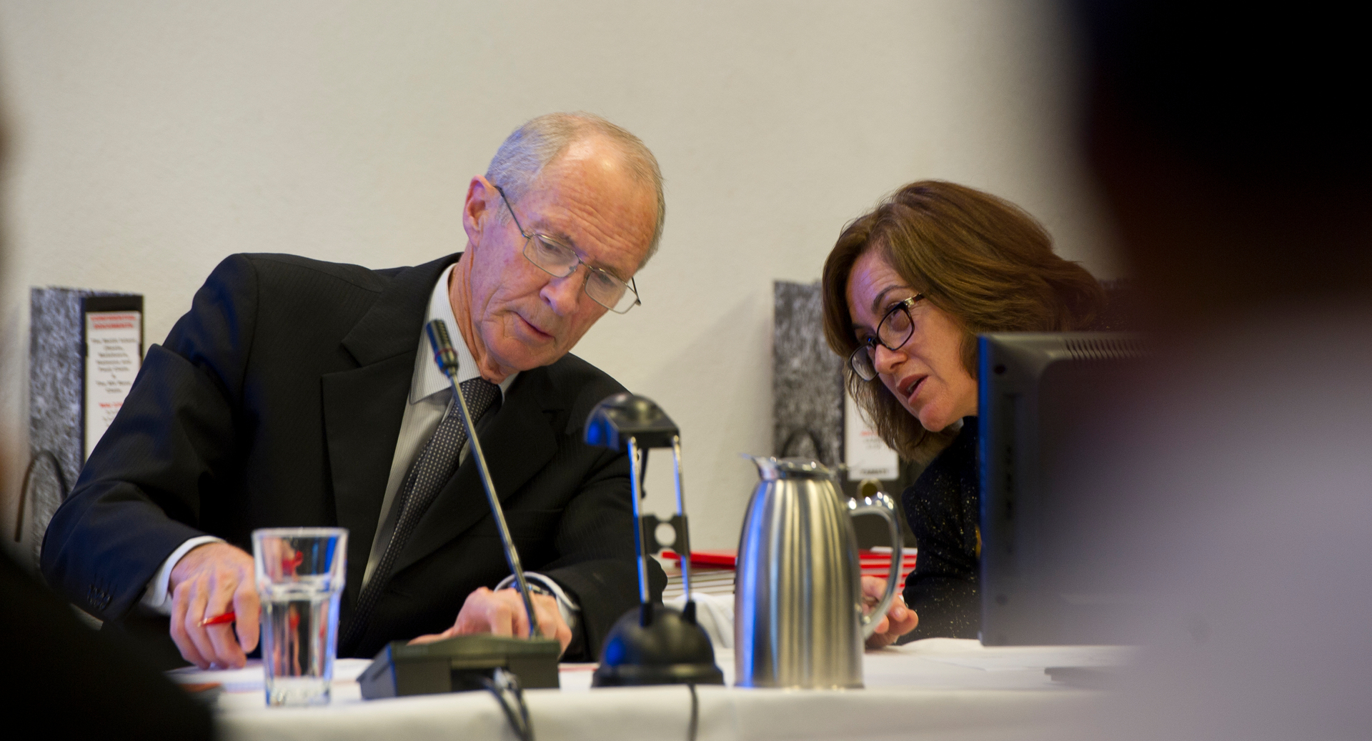 Author and historian Ron Crosby with a fellow Waitangi Tribunal member at a hearing into the future of the Rena. Photo / File