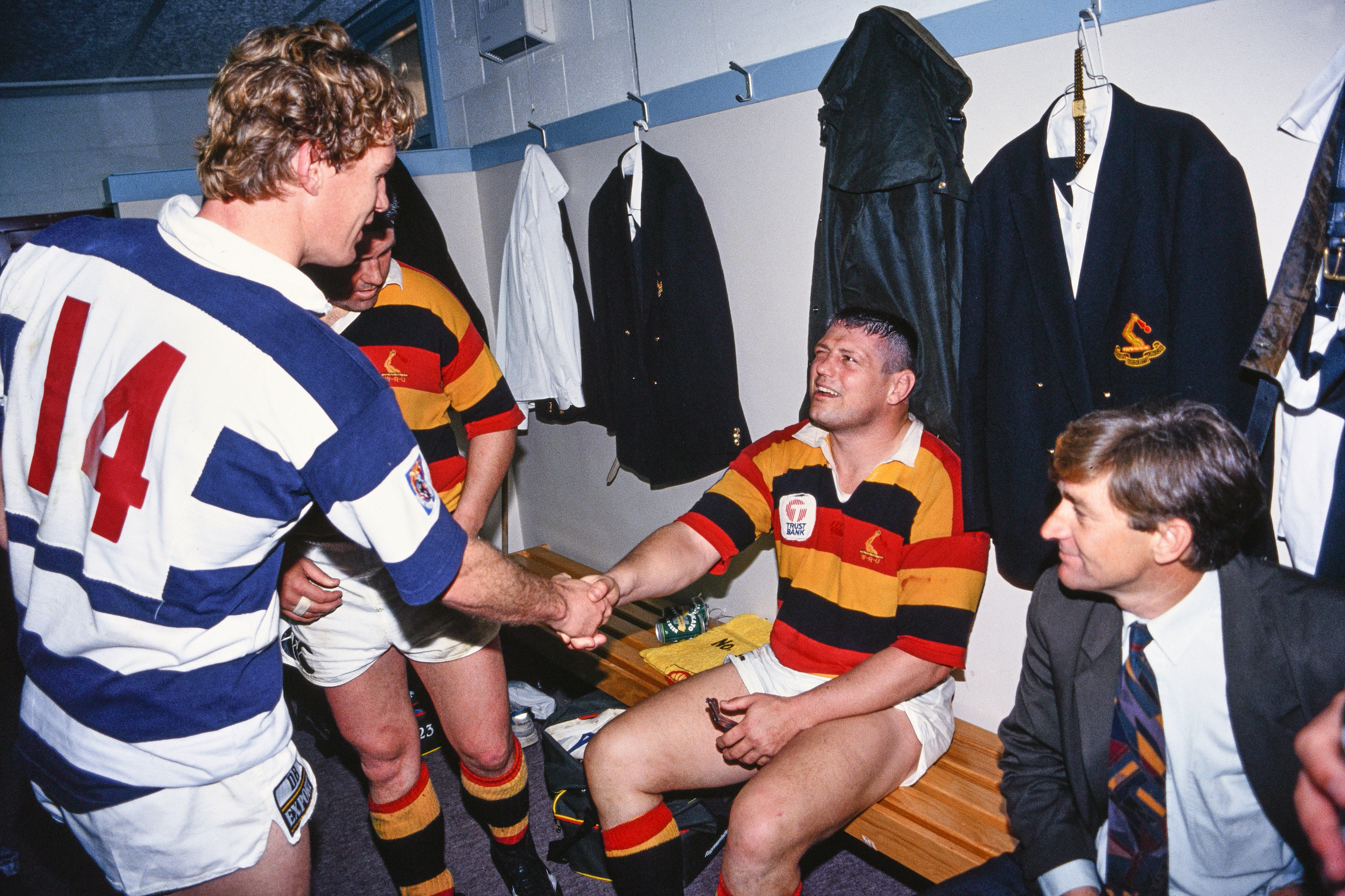 Sir John Kirwan of Auckland congratulates Graham Purvis on winning the Ranfurly Shield. Photo / Photosport