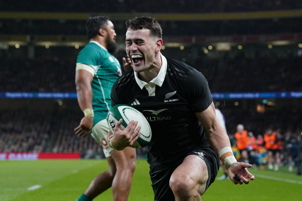 All Blacks fullback Will Jordan celebrates scoring a try against Ireland at Aviva Stadium. Photo / Getty Images