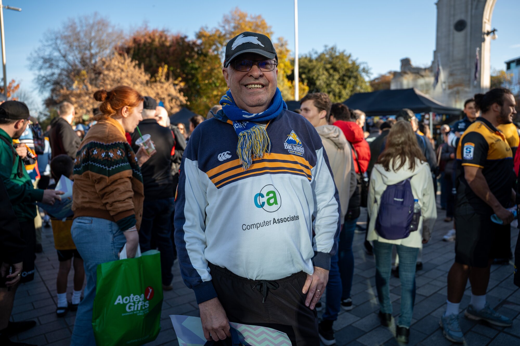 A proud Brumbies fan at the Bridge of Remembrance in Christchurch. Photo / Alyse Wright 