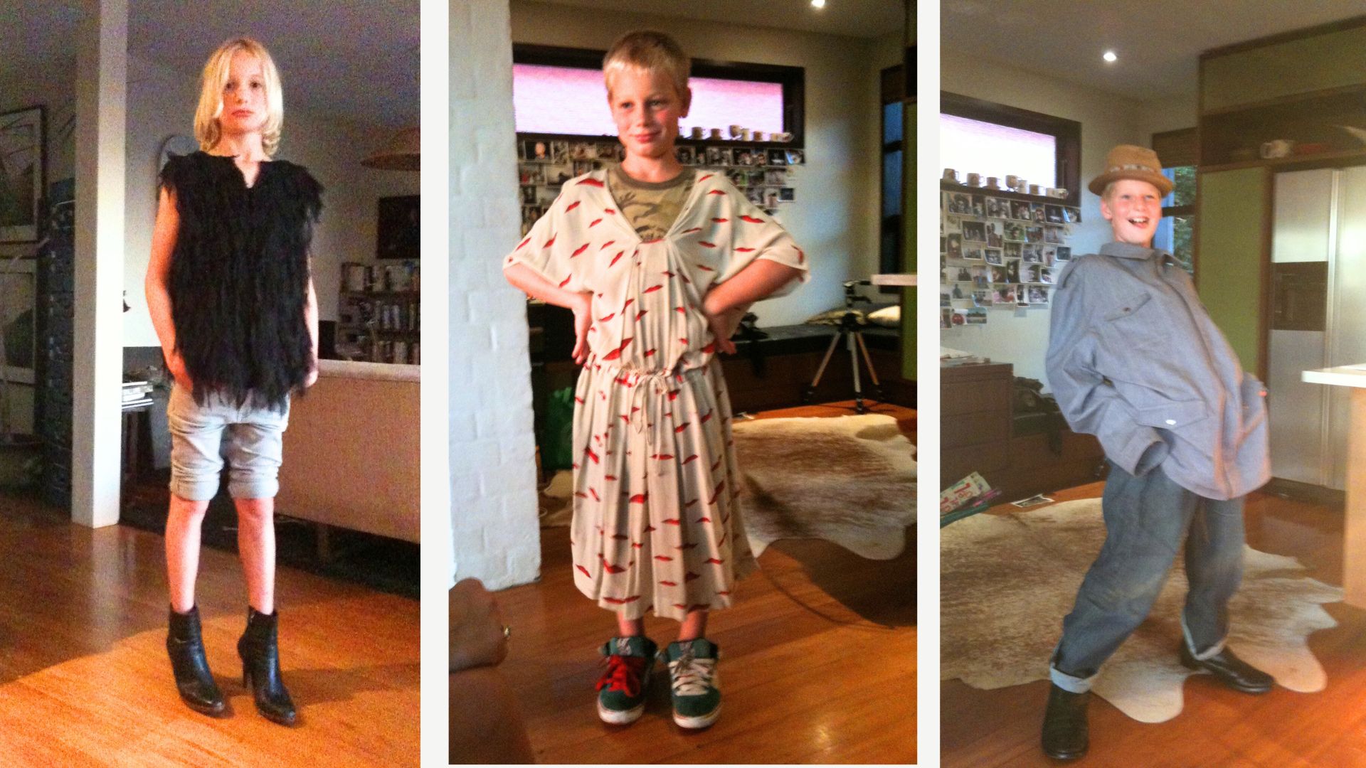 Playing dress ups in Kate Sylvester fashions: Tom, Cosmo and Ike.