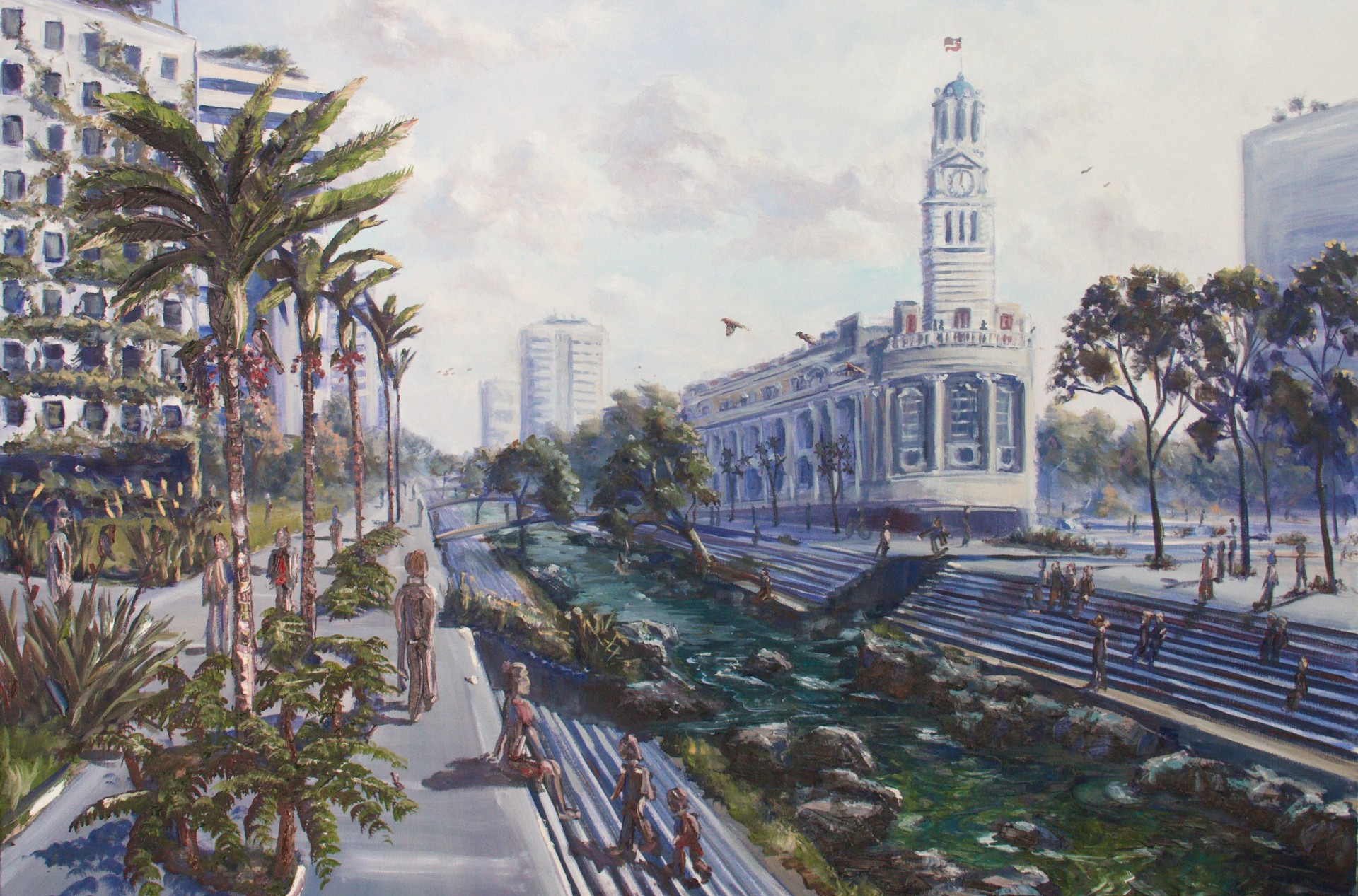 Waihorotiu Restoration: Artist Chris Dews' concept of the stream under Queen St brought back to life. Photo / Chris Dews 