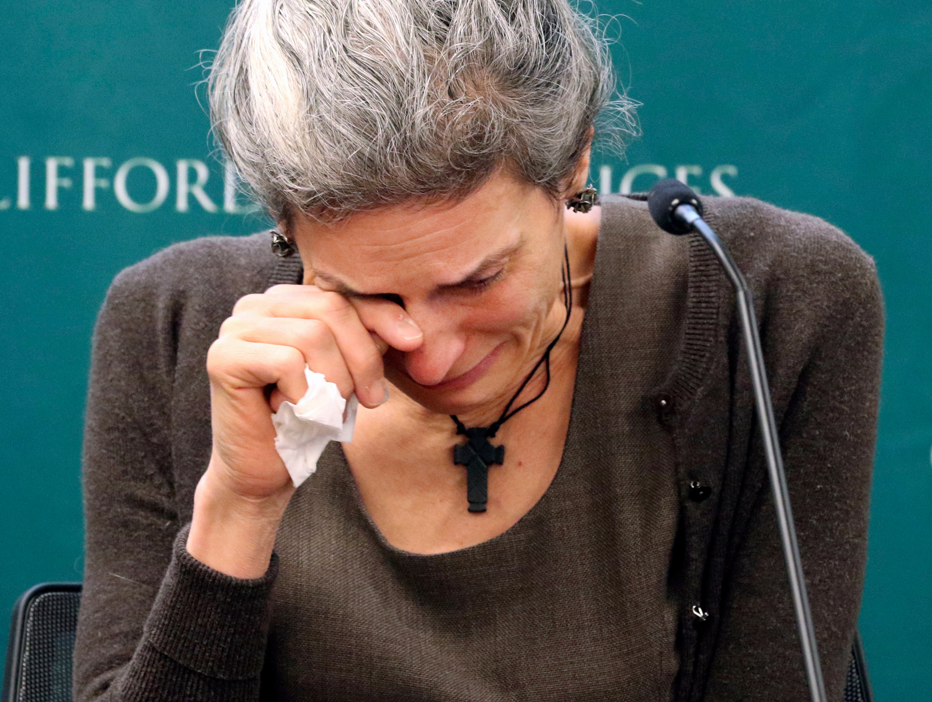 Nadia Milleron, mother of Samya Stumo, reacts during a news conference where attorneys for the family announced a lawsuit against Boeing related to the crash in Ethiopia. Photo / AP
