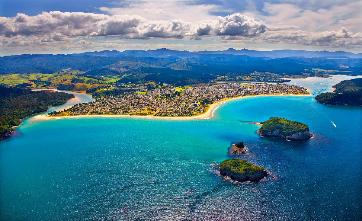 Aerial view of Whangamatā Beach in the Coromandel. Photo / The Coromandel