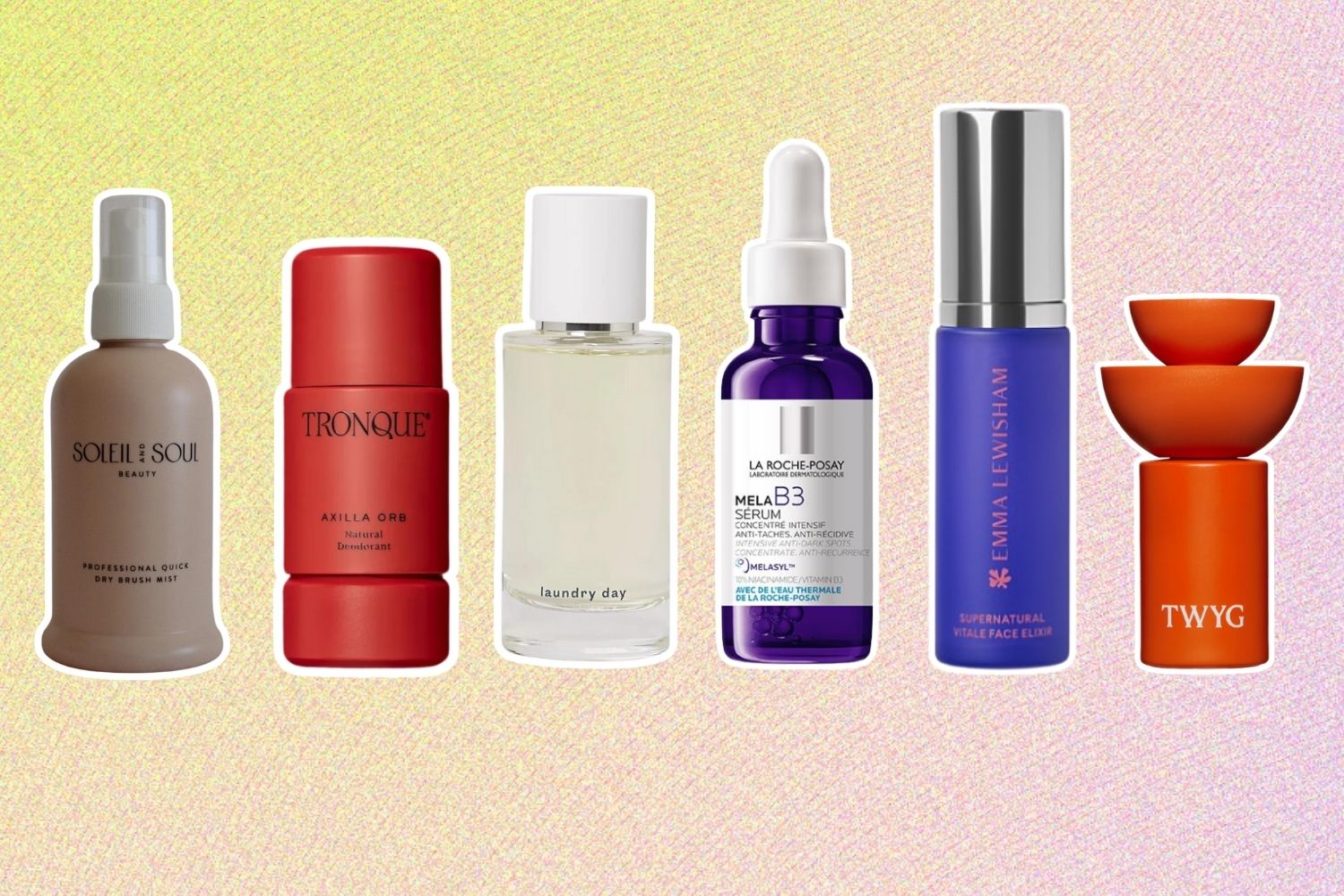 From left: Soleil and Soul Beauty Professional Quick Dry Mist; Tronque Natural and Refillable Deodorant; Abel Laundry Day; La Roche Posay MelaB3 Serum; Emma Lewisham Supernatural Vitale Elixir; TWYG Bioactive Totarol.