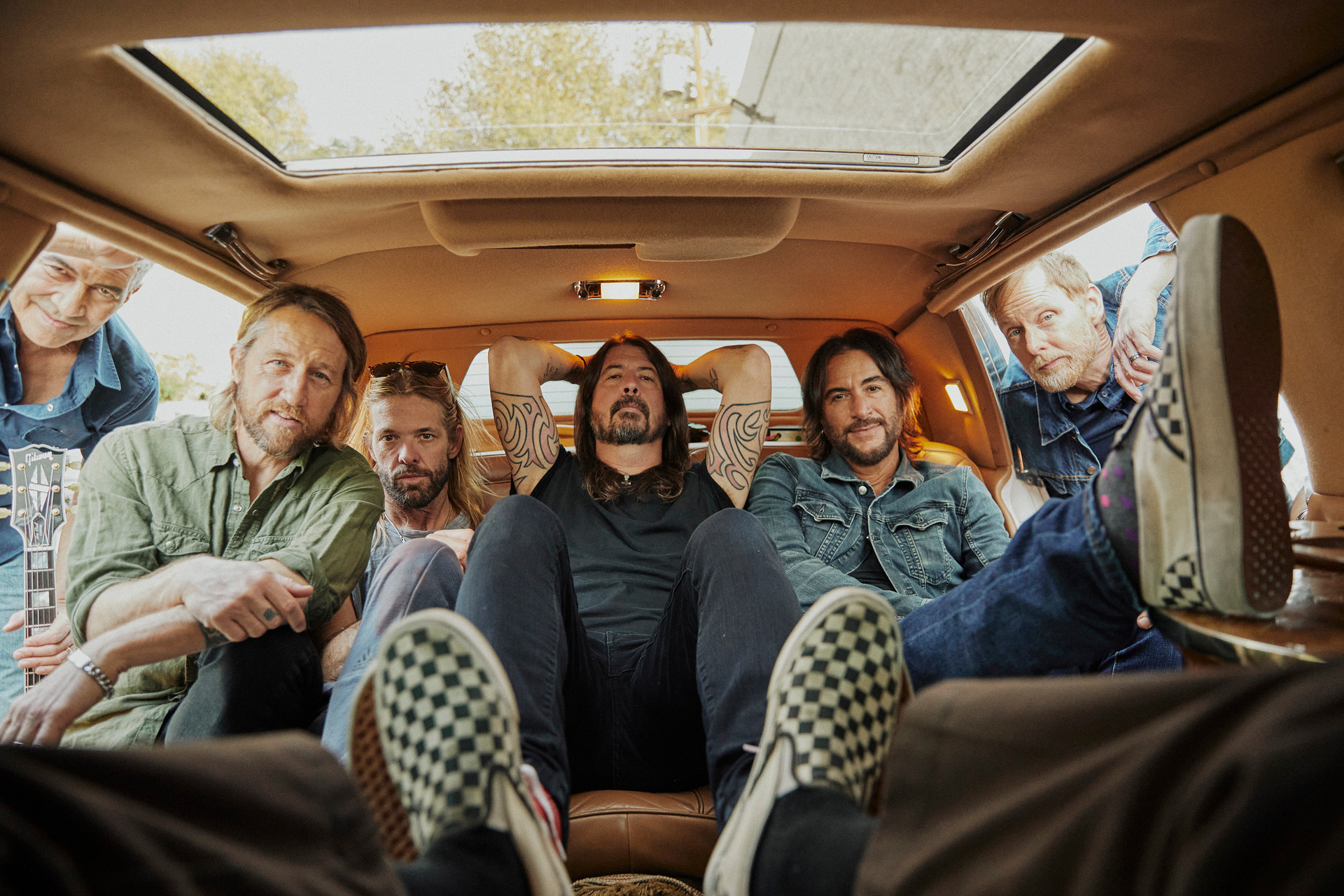 Foo Fighters in 2021, before Taylor Hawkins' death (from left): Pat Smear, Chris Shiflett, Hawkins, Dave Grohl, Rami Jaffee and Nate Mendel. Photo / New York Times