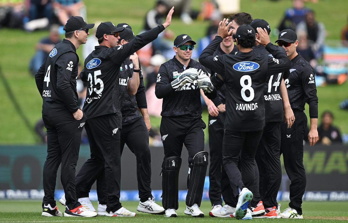 The Black Caps celebrate a wicket in the second ODI against England, in Hamilton. Photo / Photosport