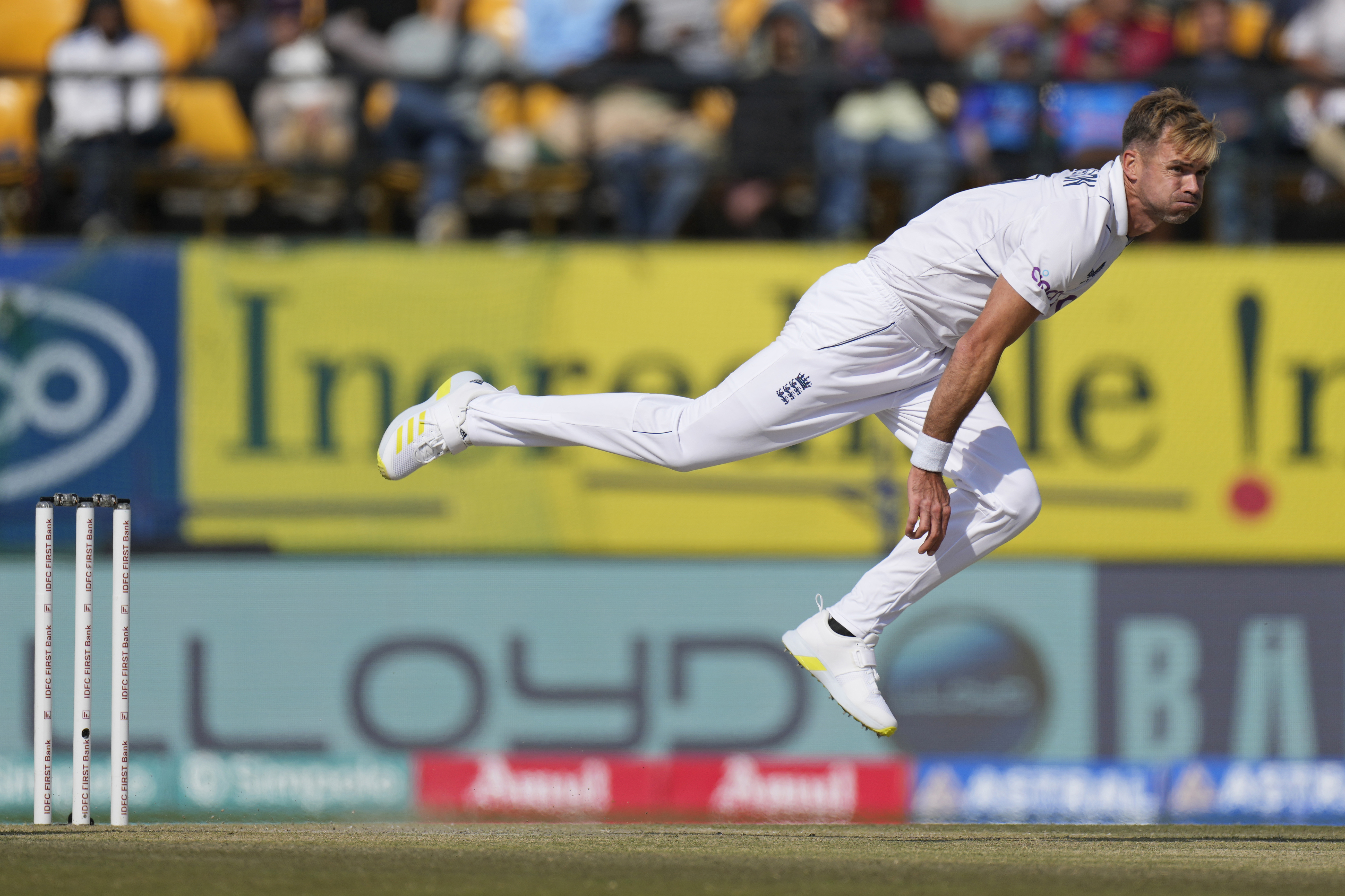 England's James Anderson bowls on the first day of the fifth and final test match between England and India in Dharamshala, India, Thursday, March 7, 2024. (AP Photo/Ashwini Bhatia)
