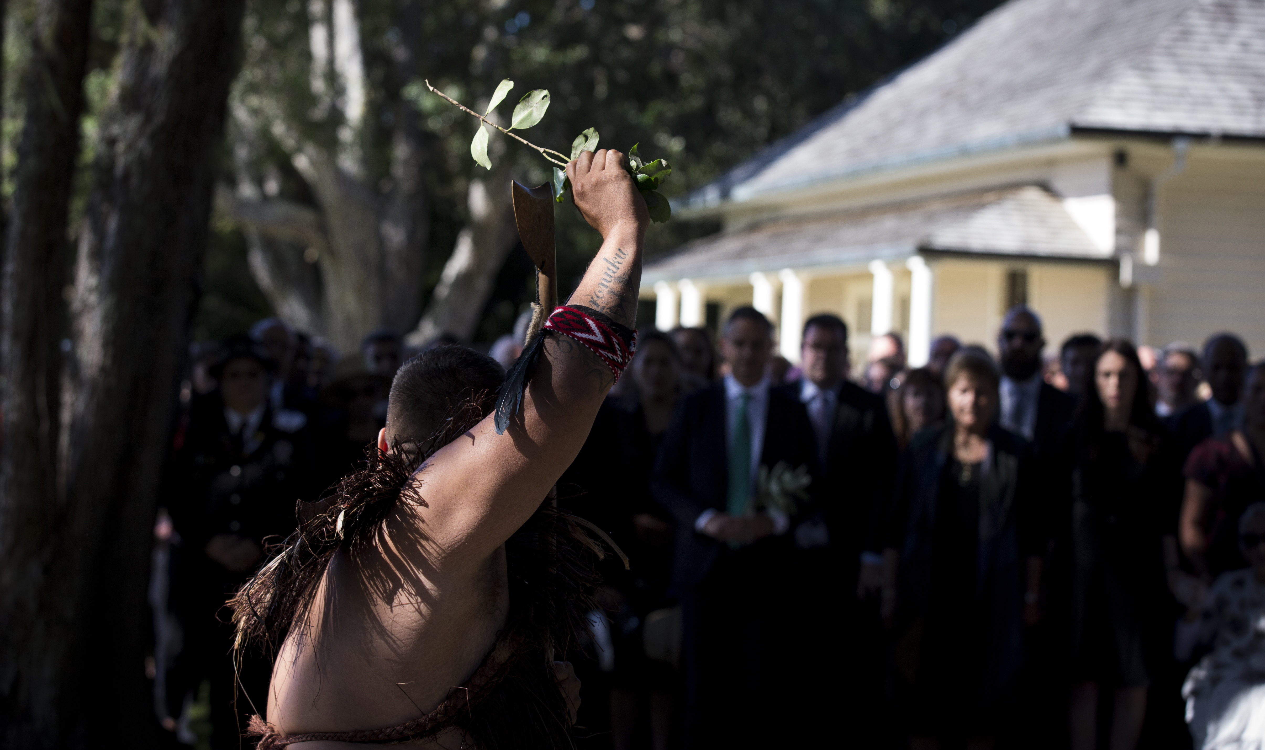 The challenge from a Maori warrior at Waitangi for the Powhiri at the Upper Marae during Waitangi celebrations. Photo / Dean Purcell