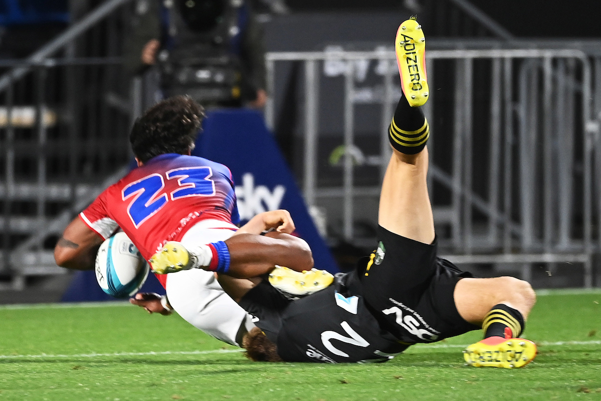 Moana Pasifika player Danny Toala scores the winning try in golden point against the Hurricanes. Photo / Photosport