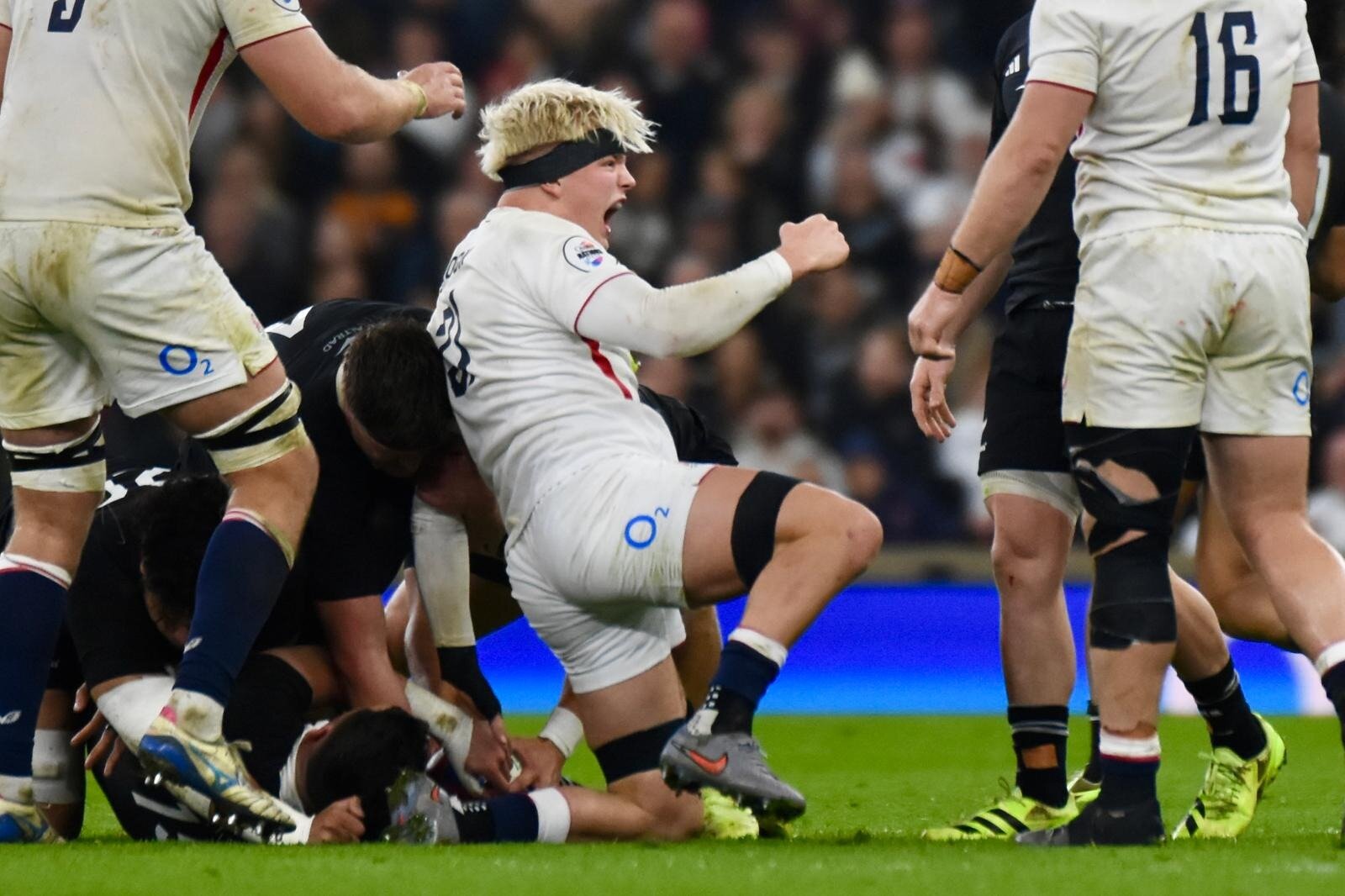 England's Henry Pollock celebrates after securing a turnover agtainst the All Blacks. Photo / Brad Roberts