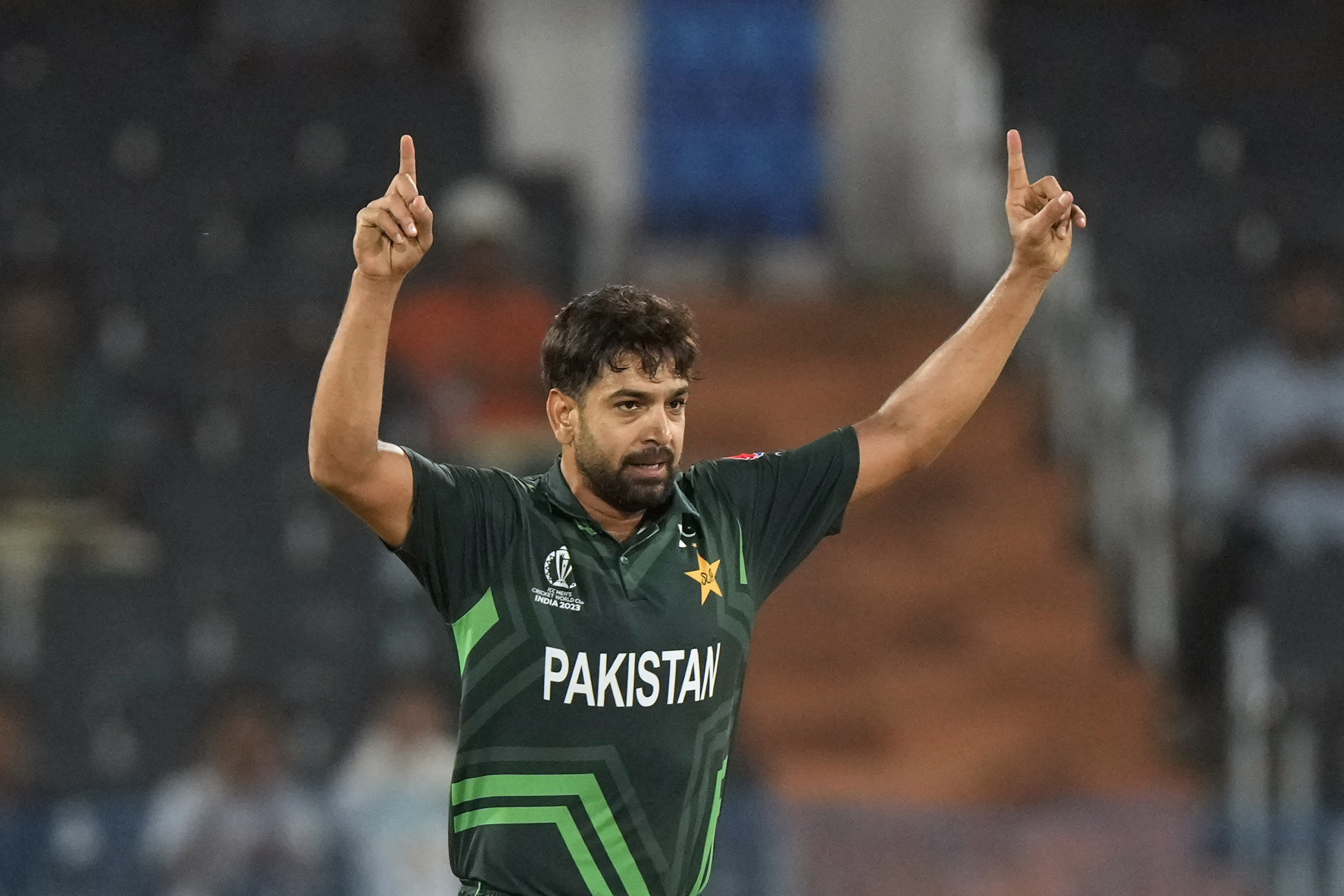 Pakistan's Haris Rauf celebrates the wicket of Netherlands' captain Scott Edwards. Photo / AP